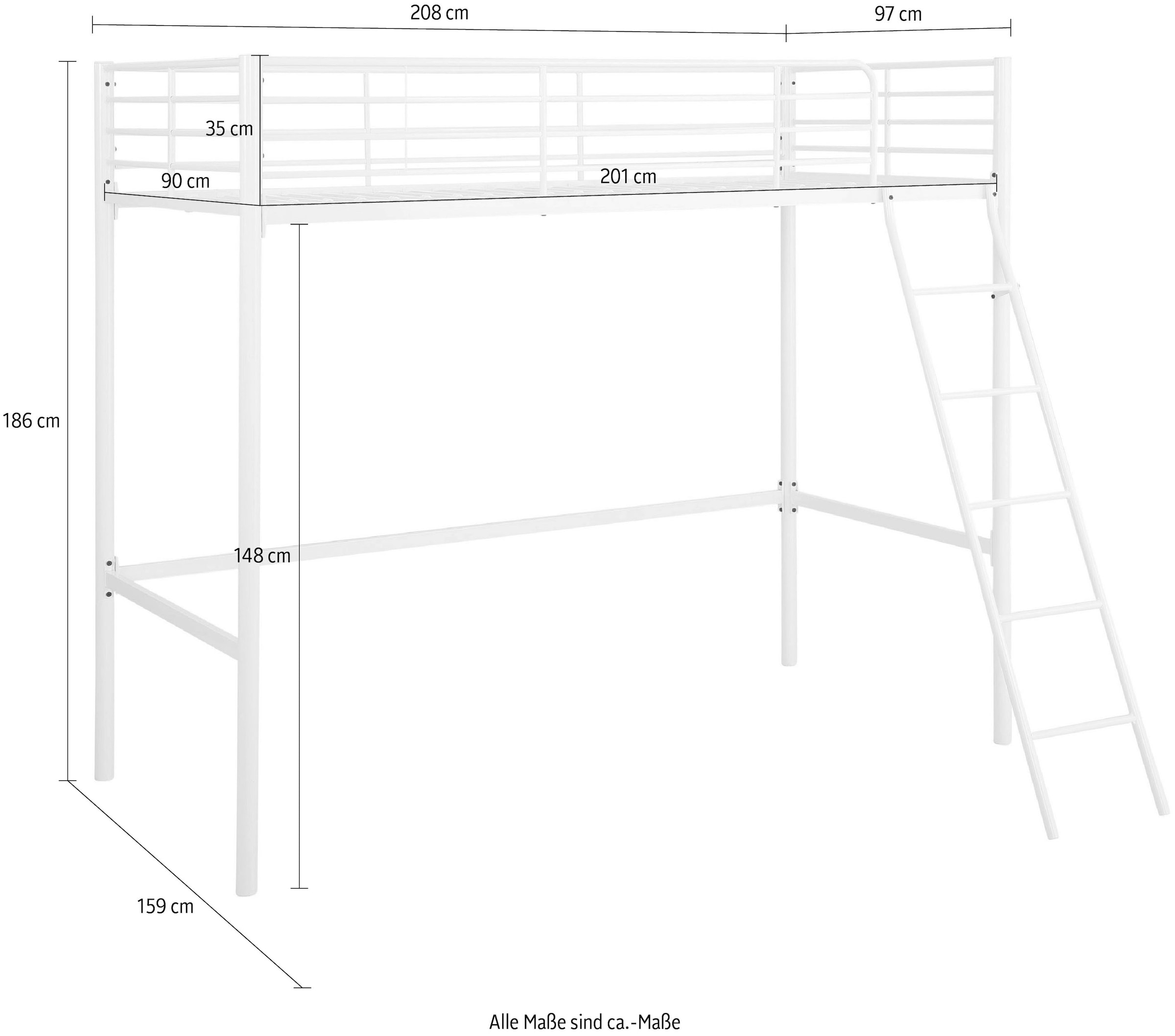 Lüttenhütt Hochbett »Hayo, Topseller! Zeitloses Metallbett, in mehreren Farben«, (Gesamtmasse (B/T/H) ca. 208/159/186 cm), inkl. Lattenrost, Absturzsicherung und Leiter aus Metall