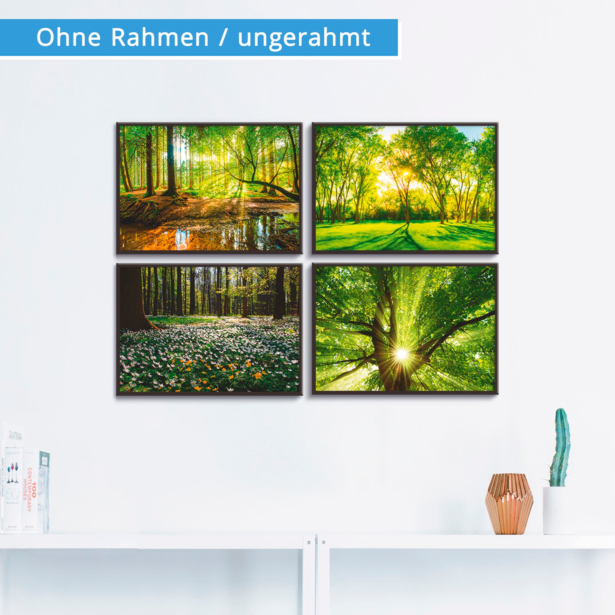 Artland Poster "Wald Bach Frühling Windrosen Sonne Baum" Wald 4 Stk. tlg. Bilder Set, 4tlg., ohne Rahmen