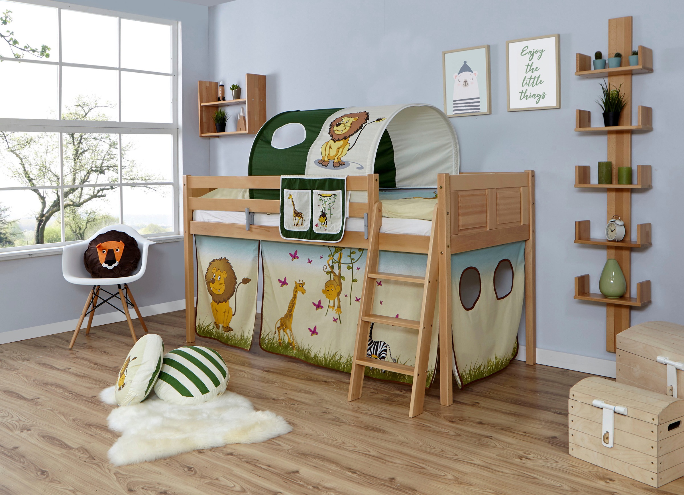 Ticaa Hochbett »Eric« mit Rollrost und Textil-Set wahlweise mit Matratze, Buche