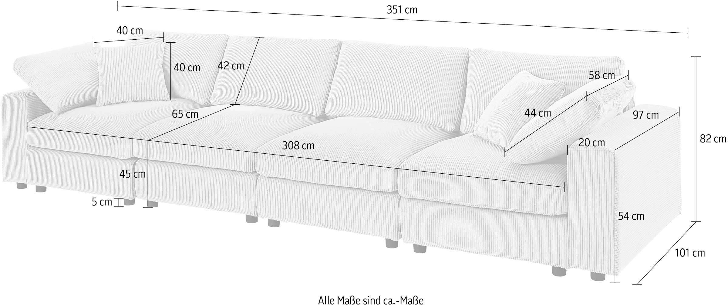 RAUM.ID 4-Sitzer »Bennid, XXL-Modulsofa mit vielen individuellen Stellmöglichkeiten«, (Set, 4 St.), inklusive 2 grossen & 2 kleinen Zierkissen im flauschigen Cord