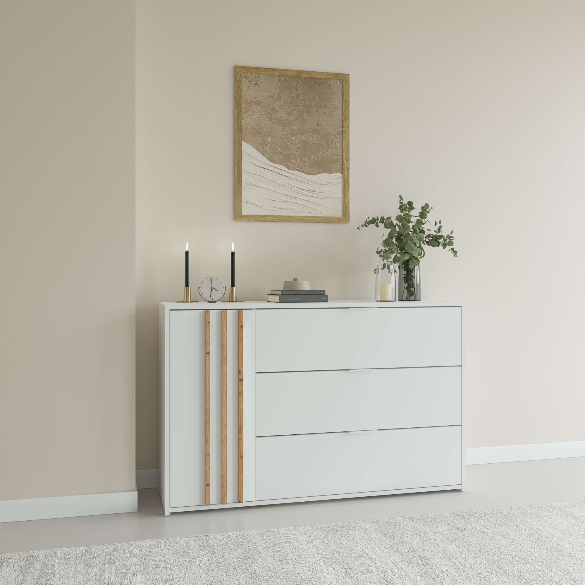 Home affaire Kommode »Kommode Calera mit Drehtür, 3 Schubladen und MDF-Lamellen« Kommode B/H/T 125/79,8/35 cm