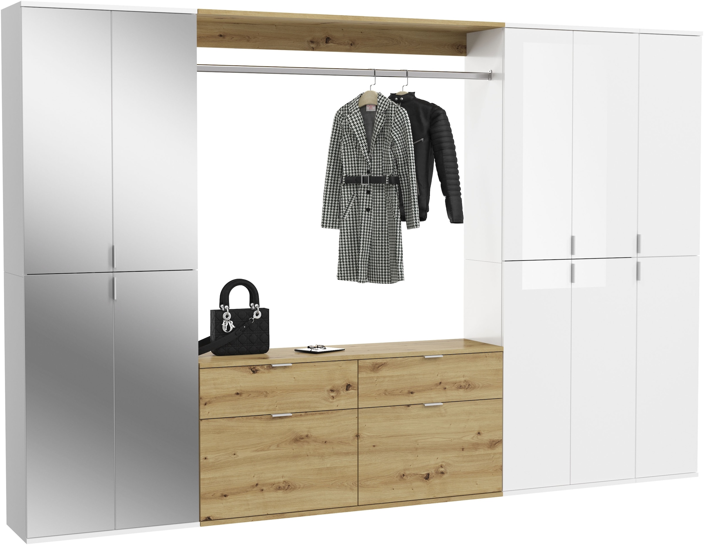 INOSIGN Garderoben-Set »Trondheim, Breite 273 cm, 6-teilig, bestehend aus:«, (Set, 5 St.), 3x Garderobenschrank, 1 Kommode, 1 Garderobenstange, 1 Ablageboden