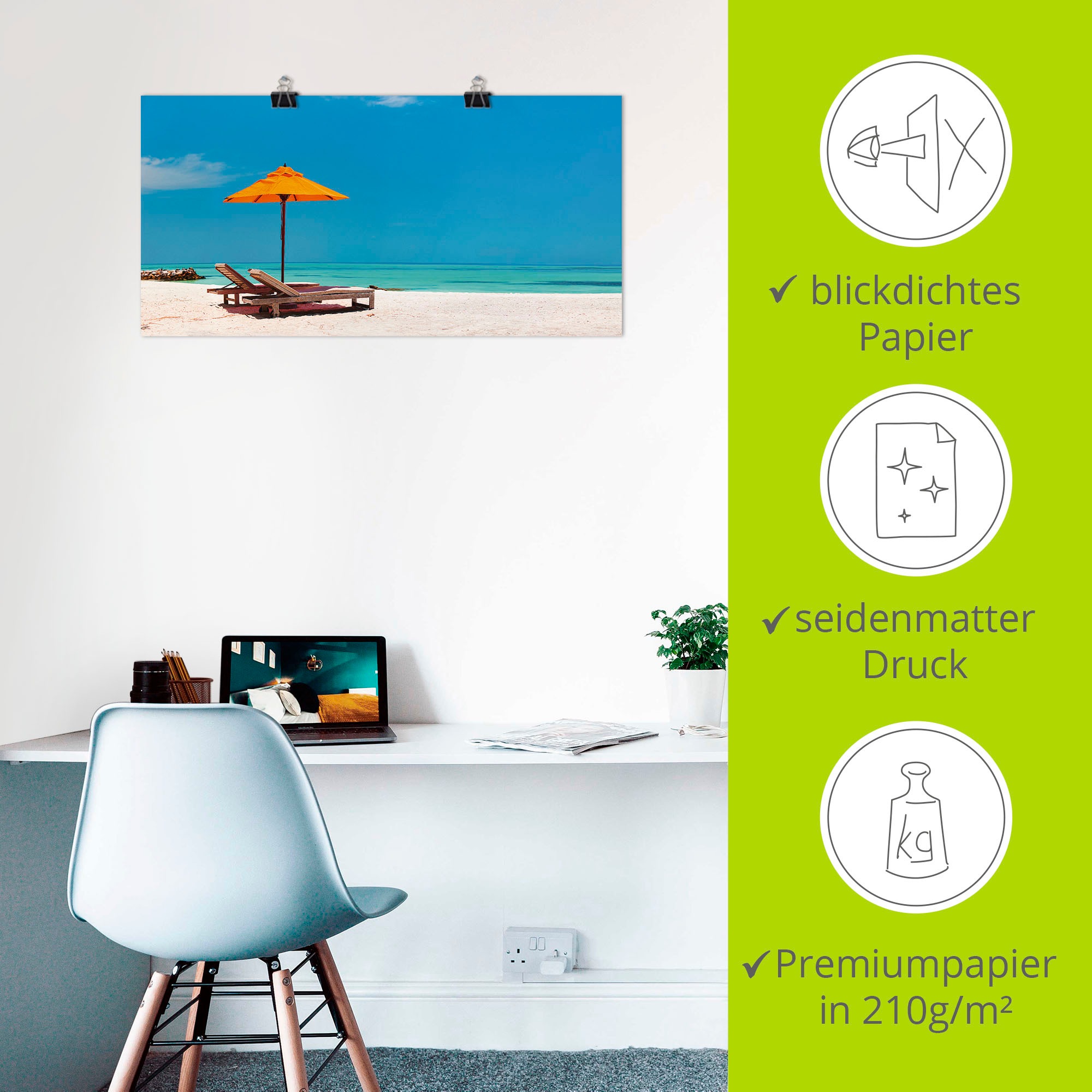 Artland Wandbild »Liegestuhl Sonnenschirm Strand Malediven«, Strand, (1 St.), als Alubild, Outdoorbild, Leinwandbild, Poster, Wandaufkleber