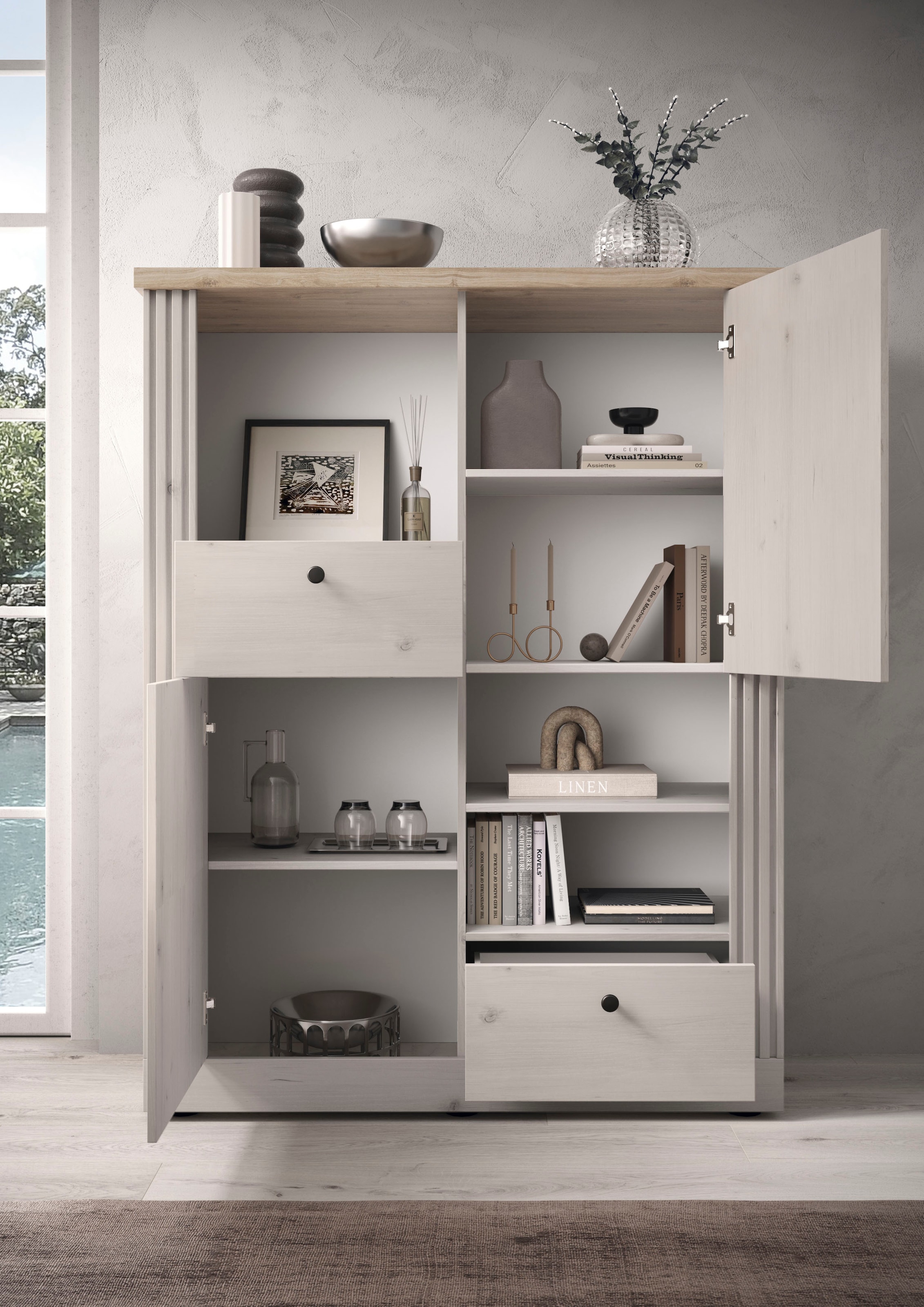 Home affaire Highboard »Country Höhe 160 cm u. Breite 118 cm, Kommode 2 Türen, 2 Schubkästen,«, Schrank im Landhausstil, viel Stauraum, mit Metallgriffe, MDF-Rahmen