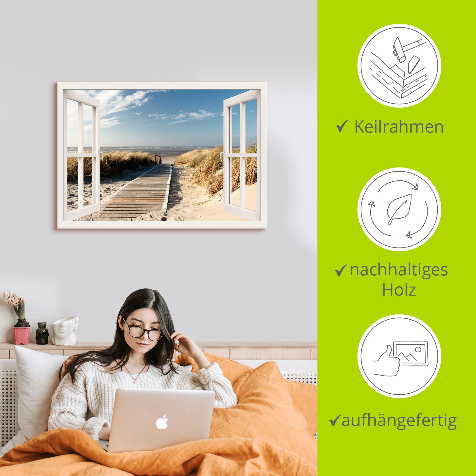 Artland Wandbild »Fensterblick Nordseestrand auf Langeoog«, Fensterblick, (1 St.), als Leinwandbild, Poster, Wandaufkleber in verschied. Grössen