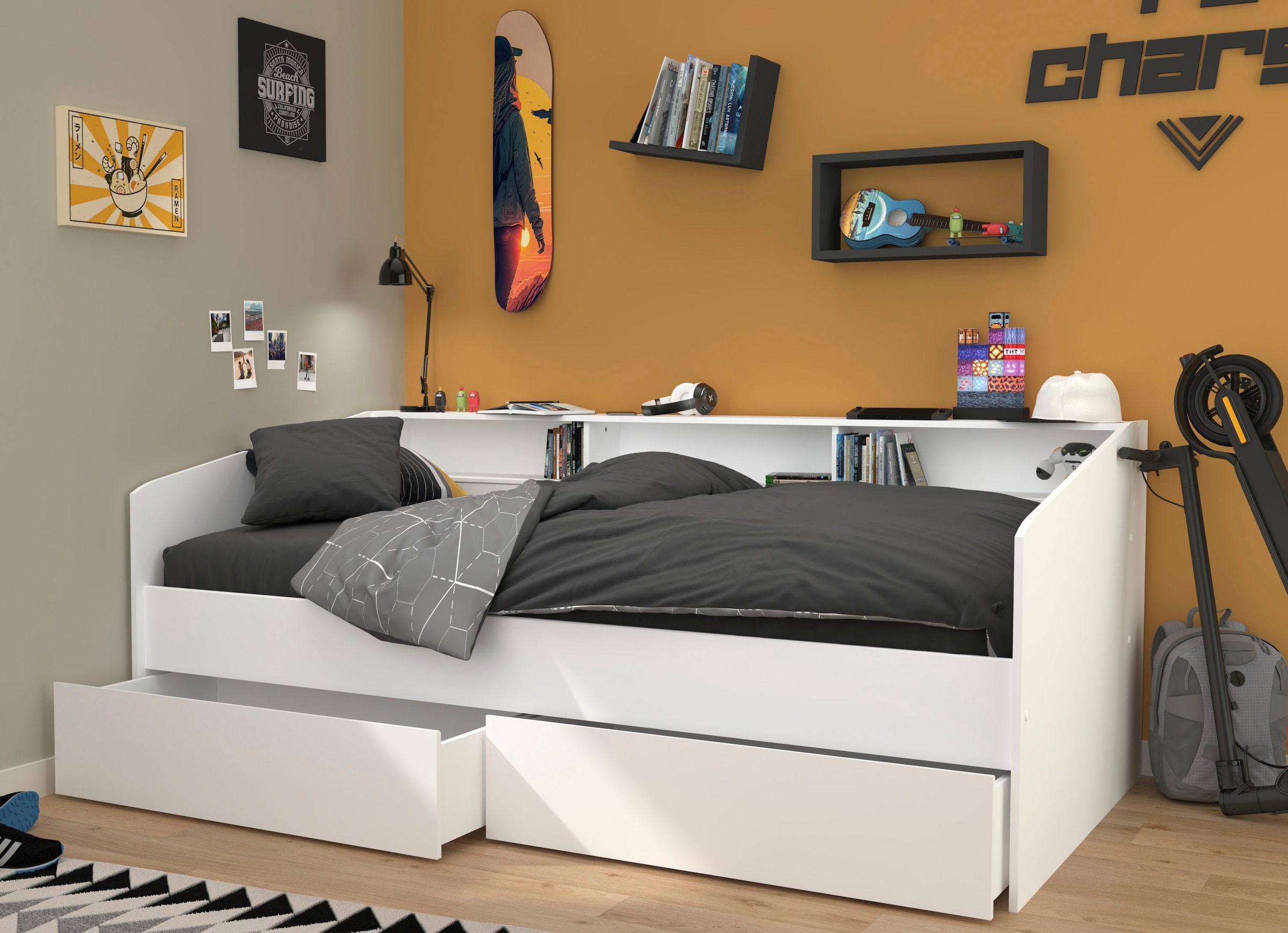 Parisot Stauraumbett »Sleep, Daybed, Kinderbett, Rückwand der Regale drehbar (farbig + weiss)«, inklusive, Regale, Schubkästen, viel Stauraum, TOPSELLLER!