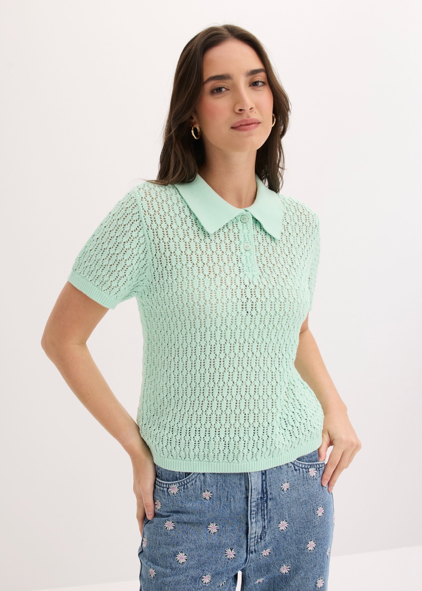 bonprix Strickpullover aus reiner Baumwolle, bequeme Passform, mit Ajour-Strickmuster