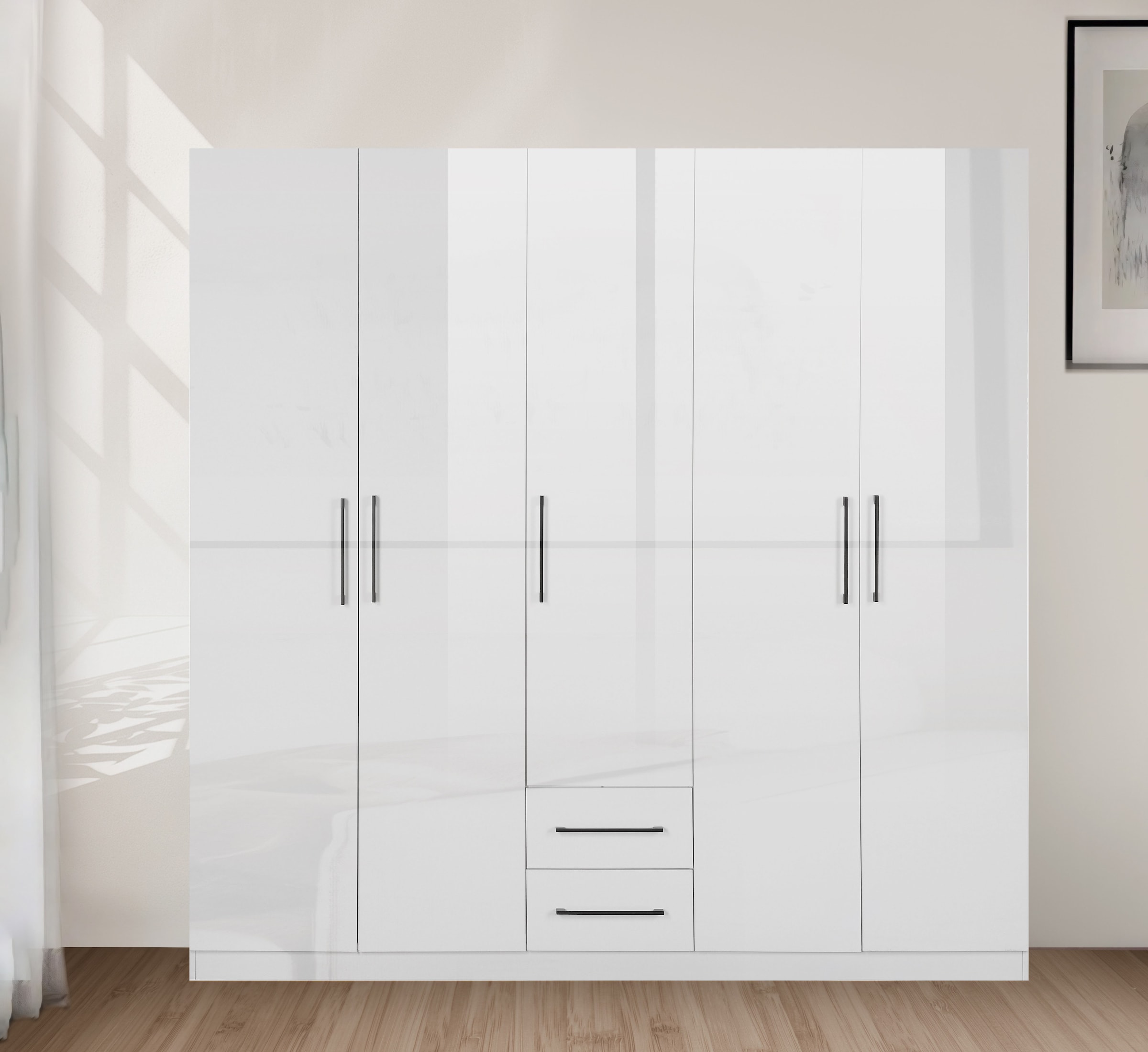 INOSIGN Kleiderschrank »Sylt Schlafzimmerschrank Garderobe Schrank TOPSELLER in hochglanz weiss«, (5 Türen, 2 Schubladen, schwarze moderne Griffe, 7 Einlegeböden), Drehtürenschrank mit perfekter Innenausstattung, Breite 200cm
