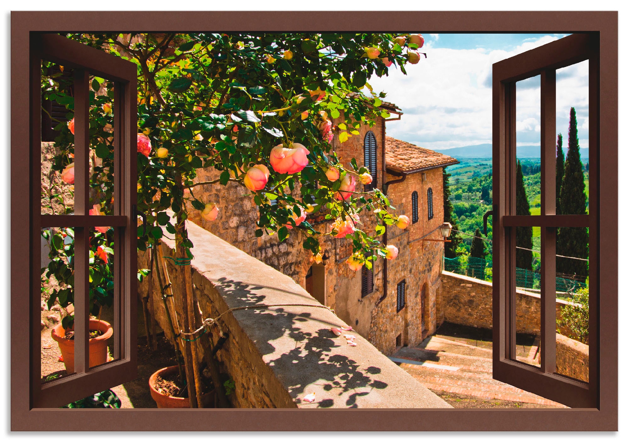Artland Wandbild »Fensterblick Rosen auf Balkon Toskana«, Garten, (1 St.), als Alubild, Outdoorbild, Leinwandbild, Poster, Wandaufkleber