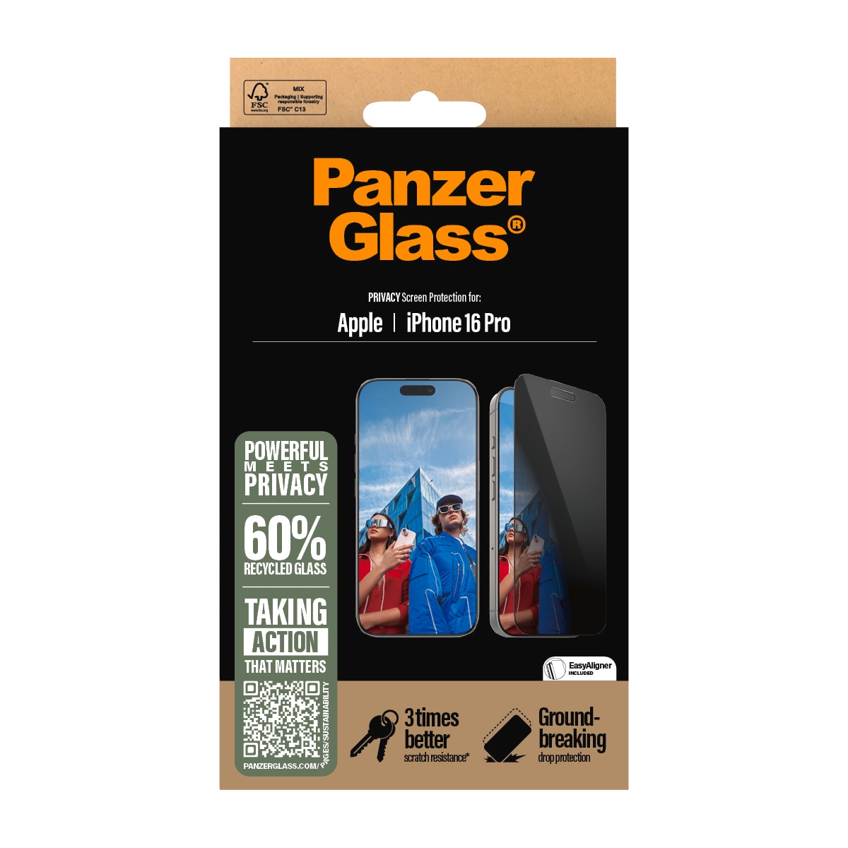 PanzerGlass Displayschutzglas »Privacy Screen Protection«, für Apple iPhone 16 Pro, Displayschutzfolie, Schutzfolie, Bildschirmschutz, kratz- & stossfest