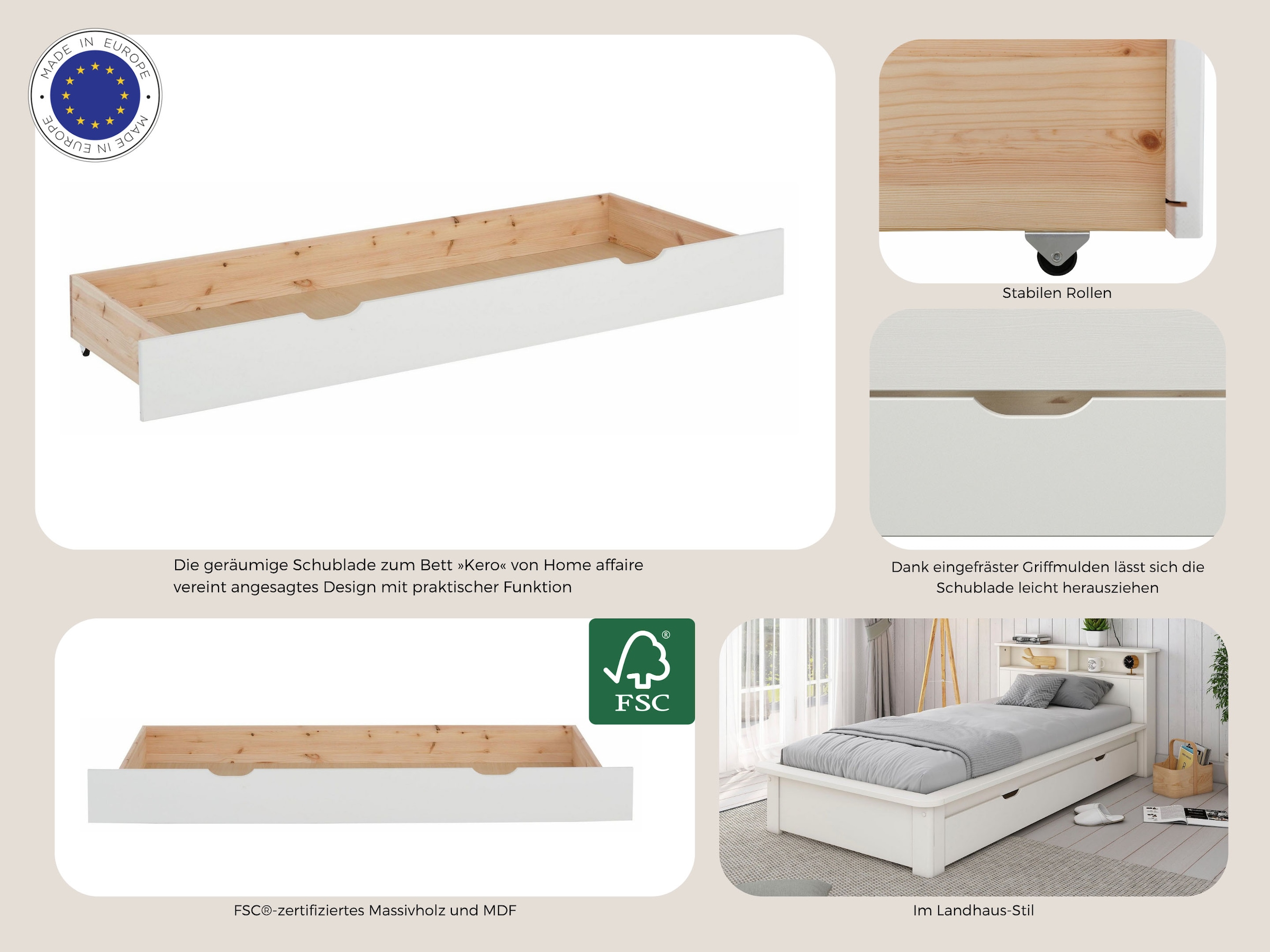 Home affaire Schubkasten »KERO«, passend zum Massivholzbett 'KERO', Breite 192 cm