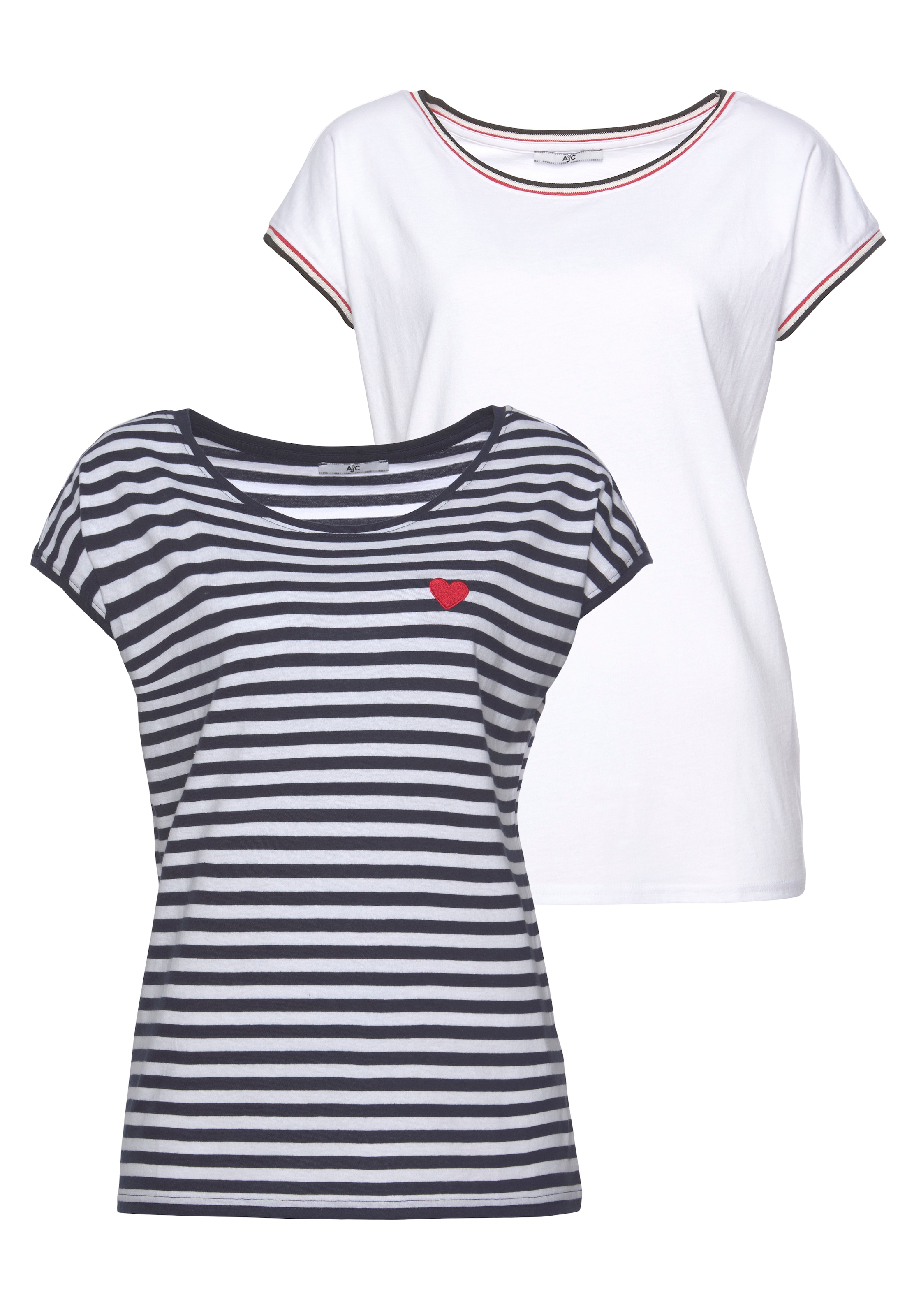 Doppelpack Schweiz AJC Jelmoli-Versand bei im mit gestreift online solid kleiner Rundhalsshirt, Stickerei + shoppen
