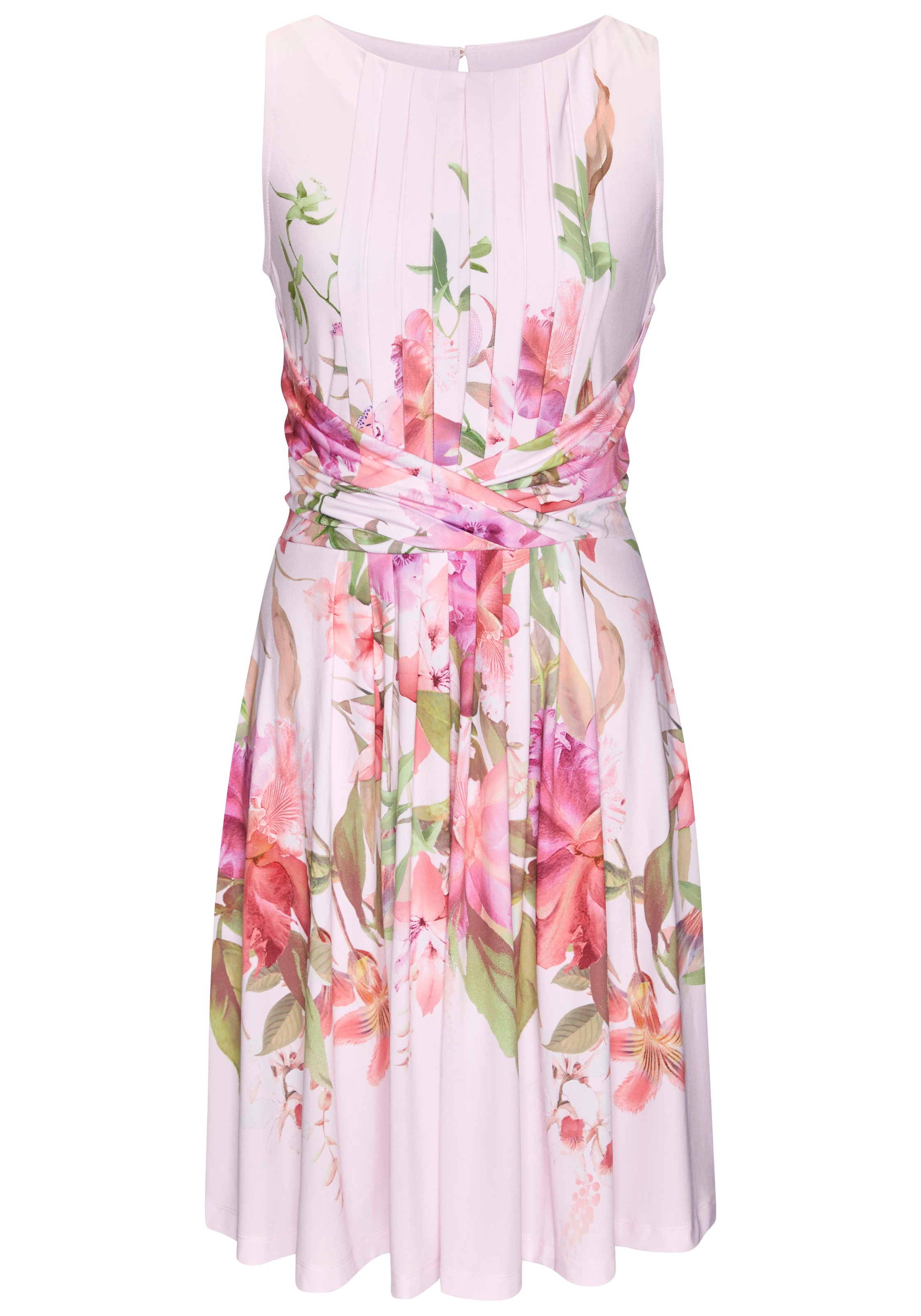 LASCANA Sommerkleid "aus glatter bügelfreier Ware mit Blumendruck" Cocktailkleid, Sommerkleid mit Spitzeneinsatz, Jerseykleid, festlich