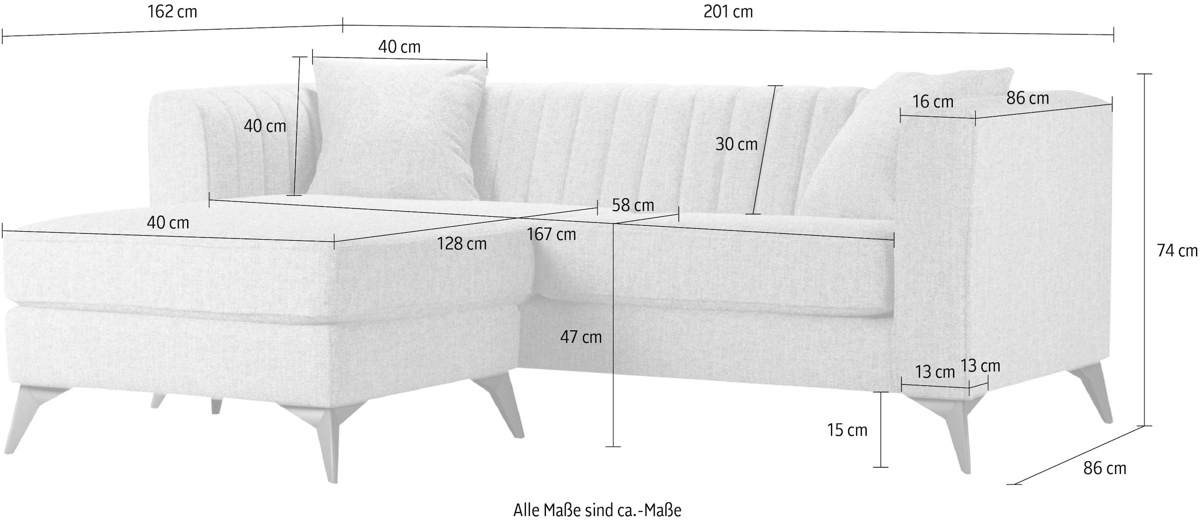 Places of Style Ecksofa »MATTHEW L-Form ideal für kleine Räume, Masse B/T/H: 201/162/74 cm«, elegantes Designsofa, feine Steppung im Rücken, incl. Zierkissen
