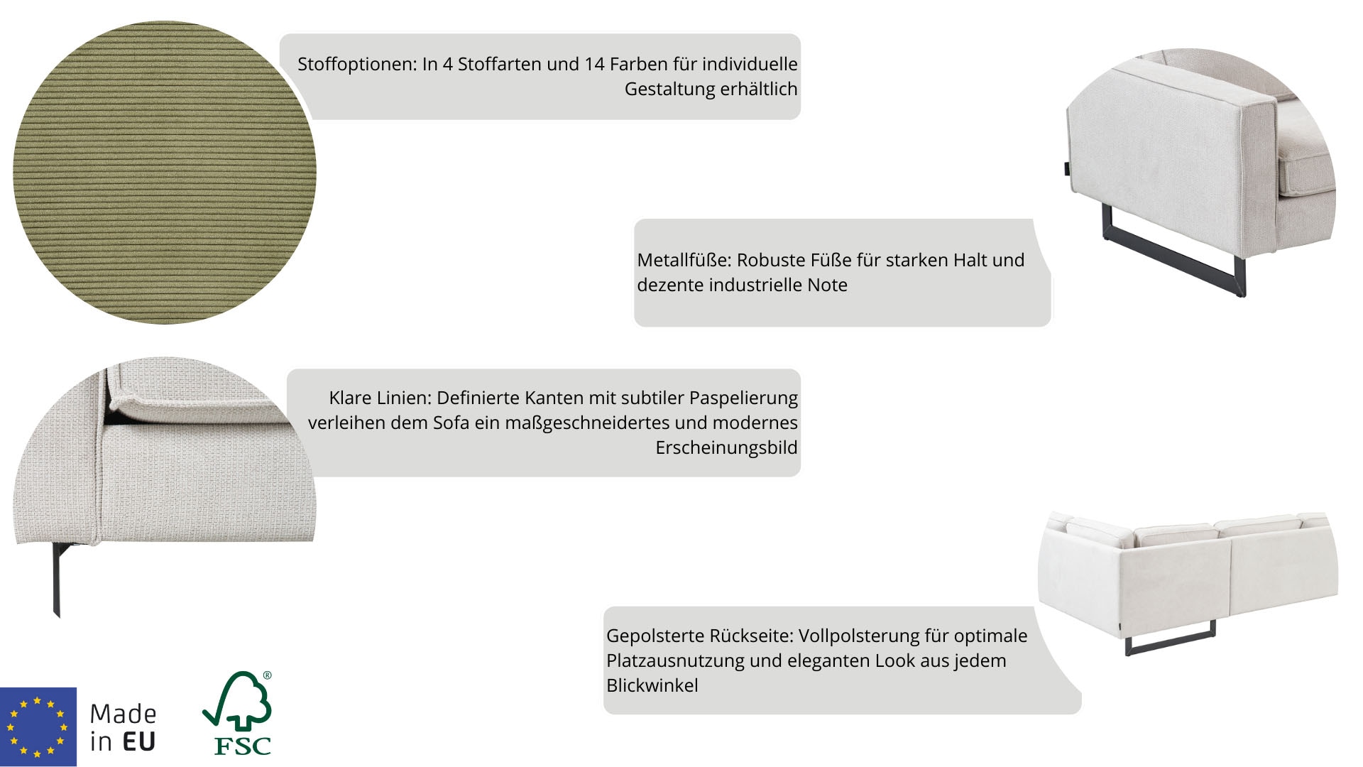 Places of Style 3-Sitzer »Pinto, 206 cm, Cord, Chenille, Lederoptik«, mit Keder, schwarze Metallfüsse, Wellenunterfederung