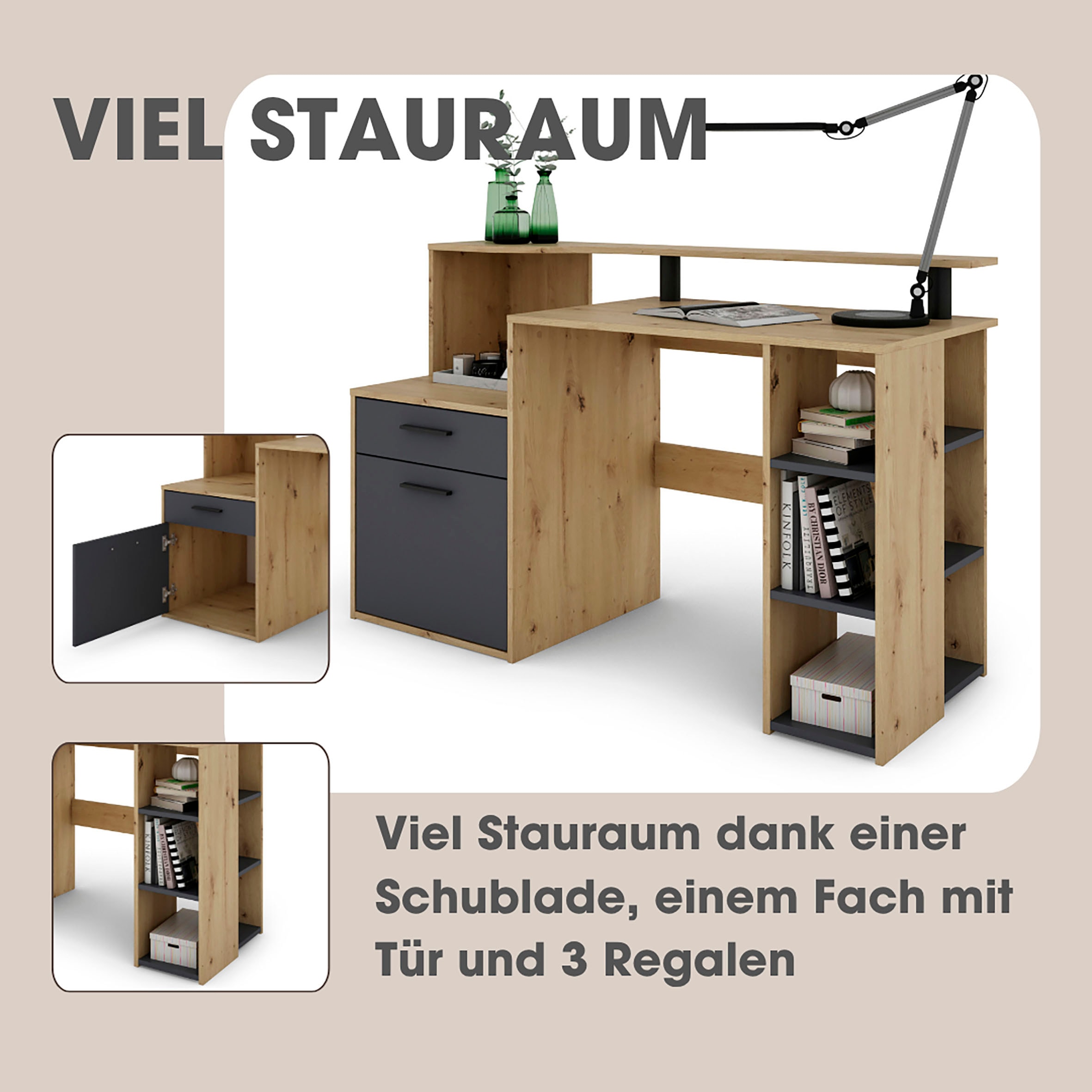 byLIVING Schreibtisch »Louise«, Breite 140 cm, Regal-Schreibtisch mit viel Stauraum