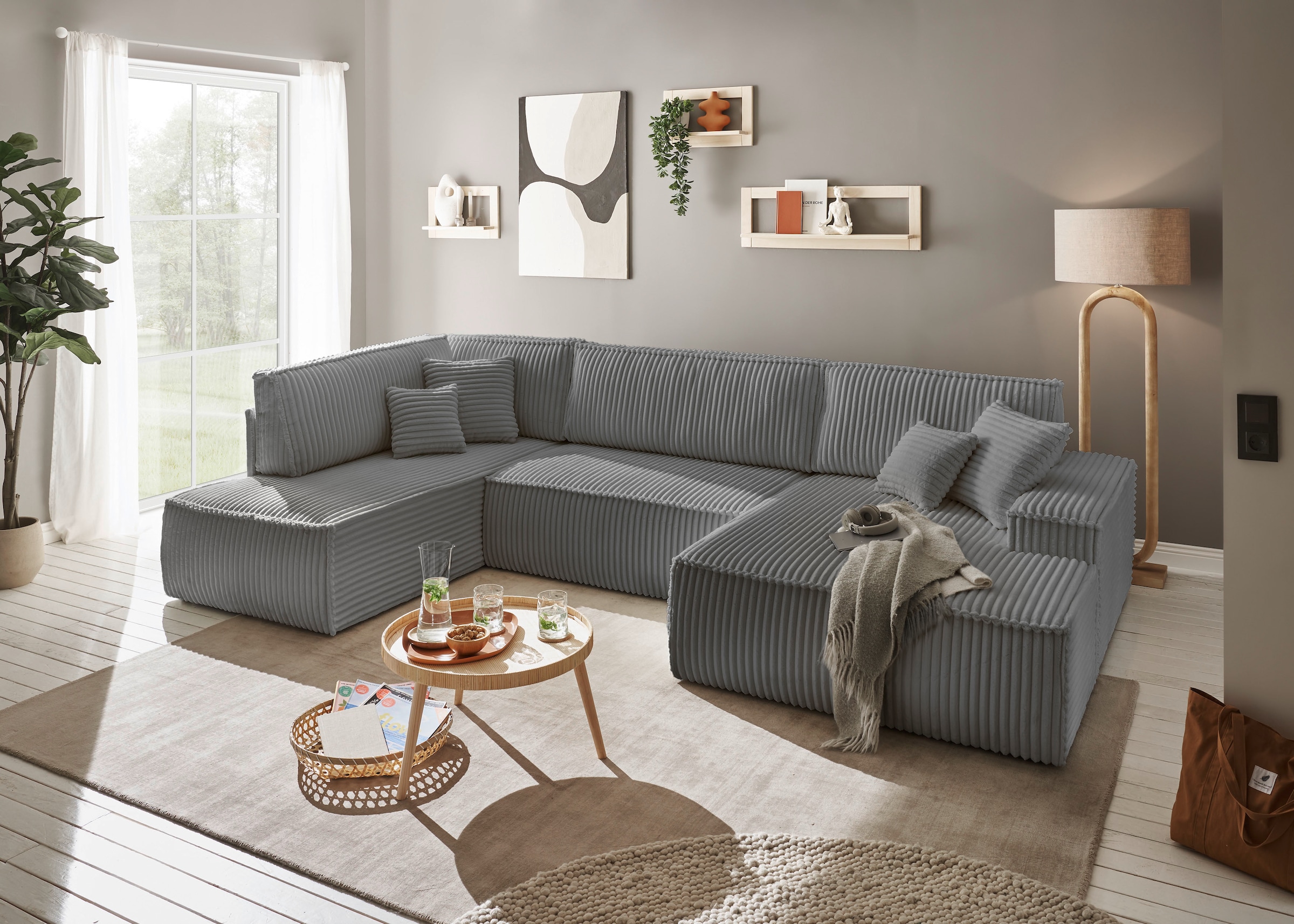 andas Wohnlandschaft »FINNLEY U-Form XXL 329 cm, Schlafsofa, Schlaffunktion m. Bettkasten«, (194/139 cm), Bouclé, Struktur und Cord