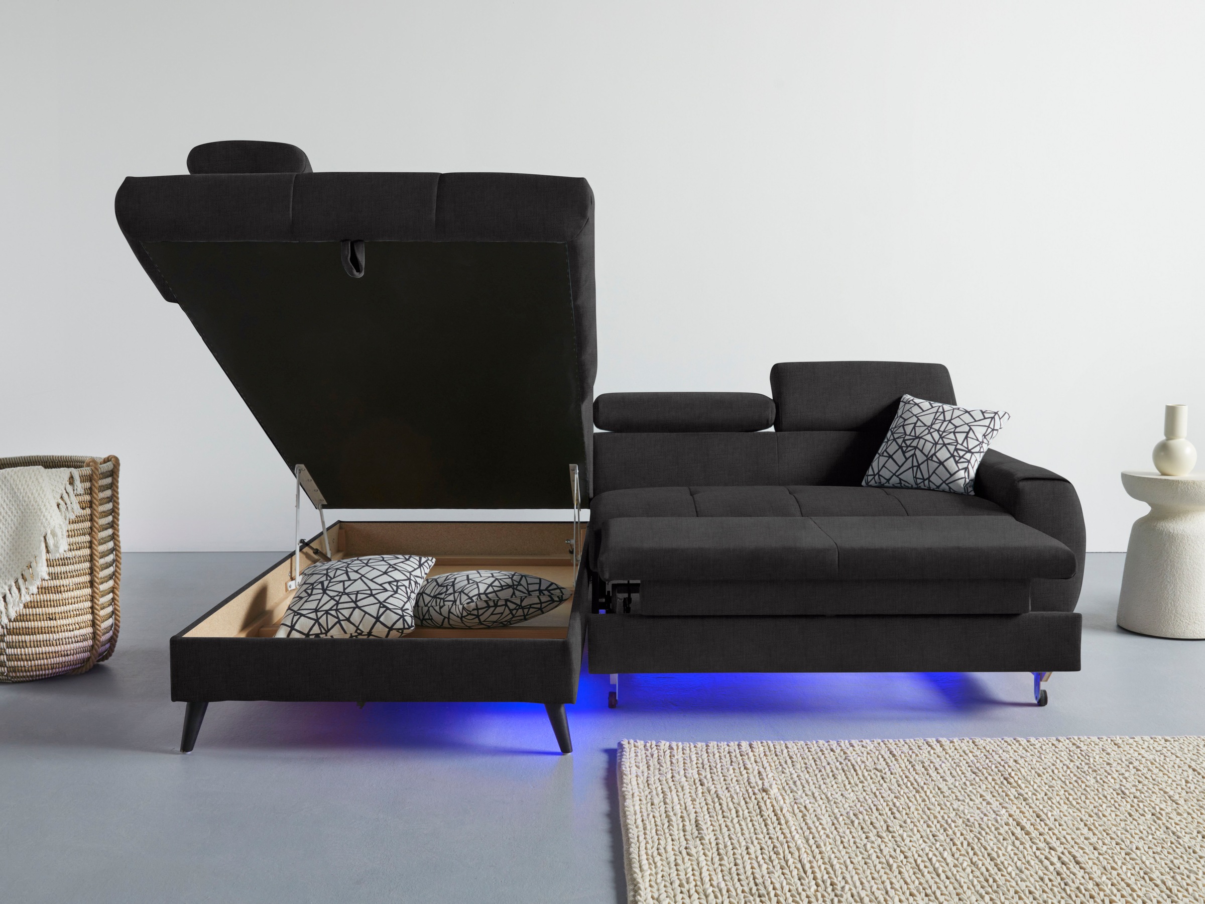 COTTA Ecksofa »Mia L-Form mit 3 Zierkissen«, wahlweise mit Bettfunktion, Bettkasten, Beleuchtung & Wireless-Charger