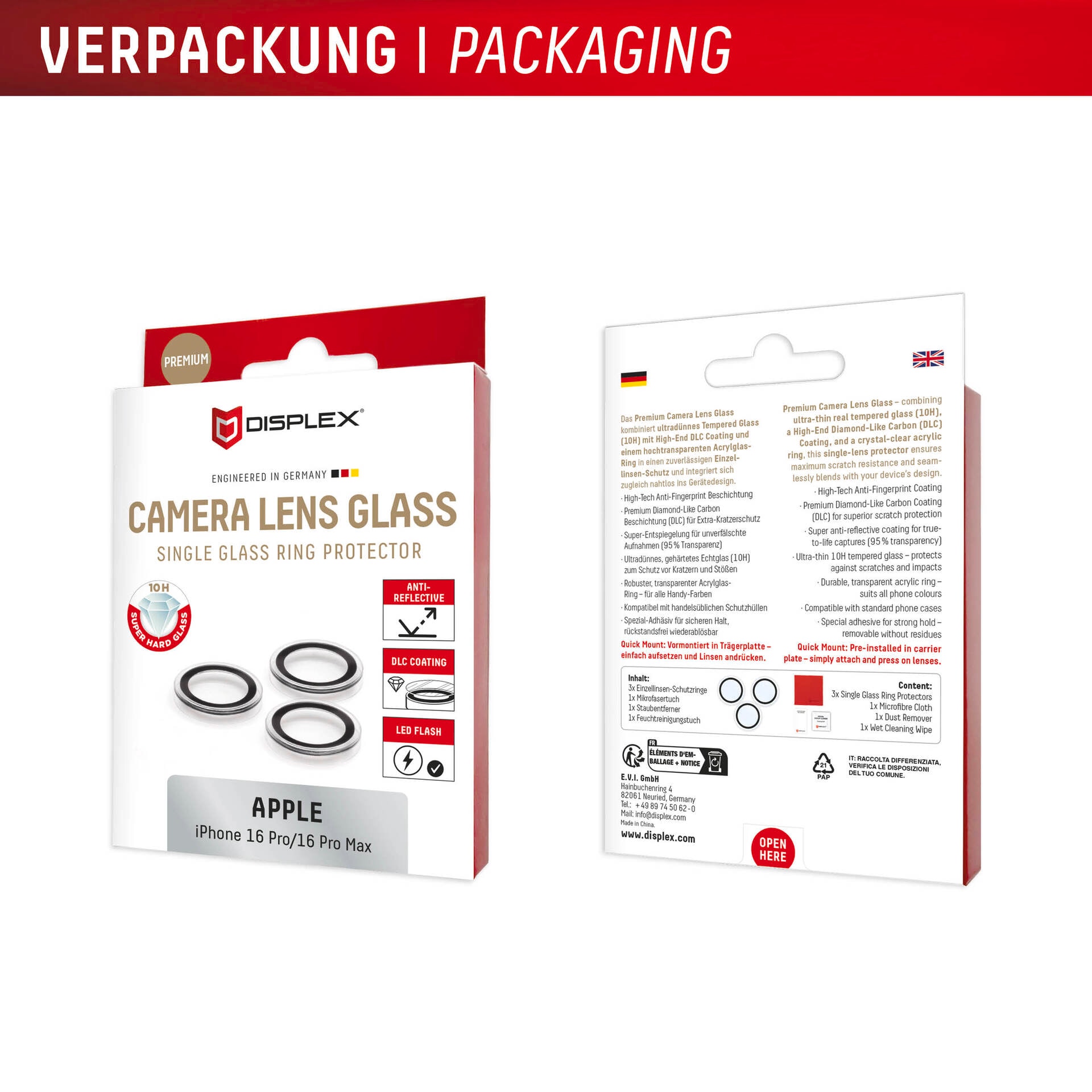 Displex Kameraschutzglas »Camera Lens Glass Single Glass Ring Protector«, für Apple iPhone 16 Pro-Apple iPhone 16 Pro Max, (Packung, 2x Einzellinsen-Schutzringe), Objektivschutz, Kameraschutz, kratz- & stossfest