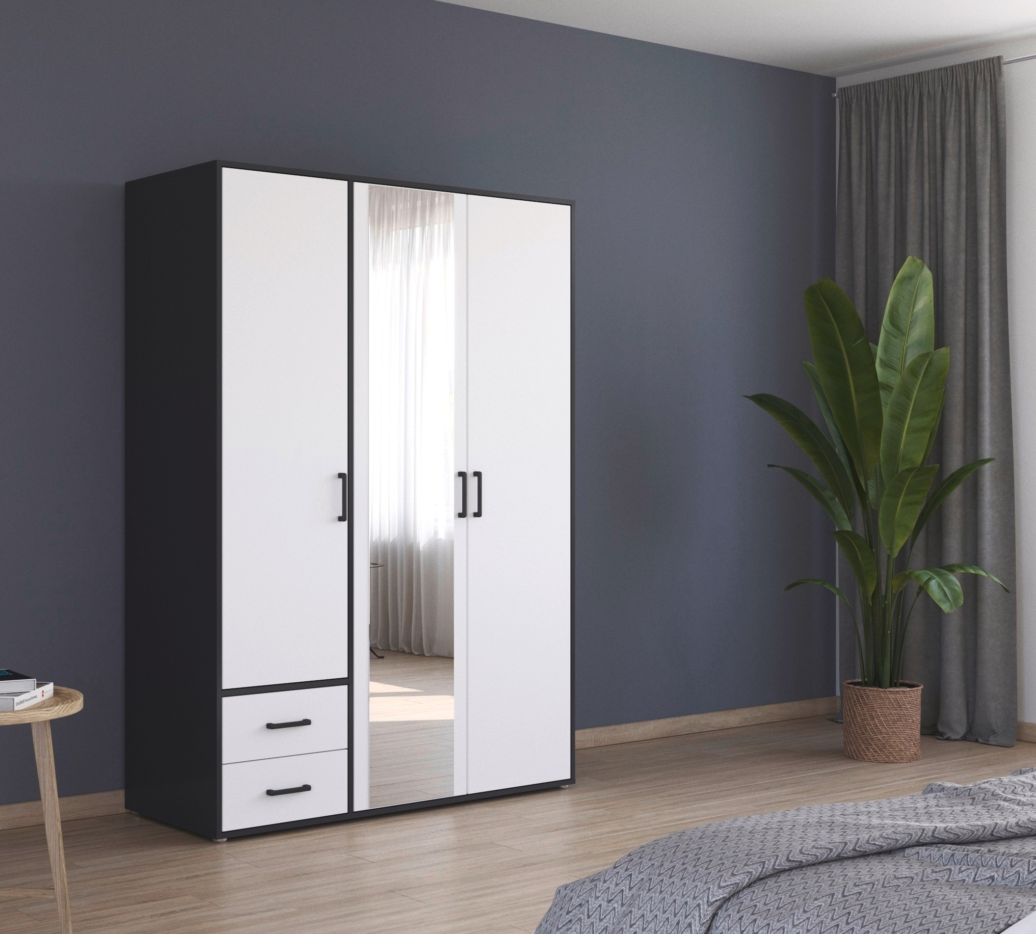 rauch Drehtürenschrank "Kleiderschrank Schrank Garderobe Wäscheschrank VOYAGER" in 3 verschiedenen Ausstattungen BASIC/CLASSIC/PREMIUM, mit modernen Griffen in Graumetallic, inkl. Schubkästen und Spiegel