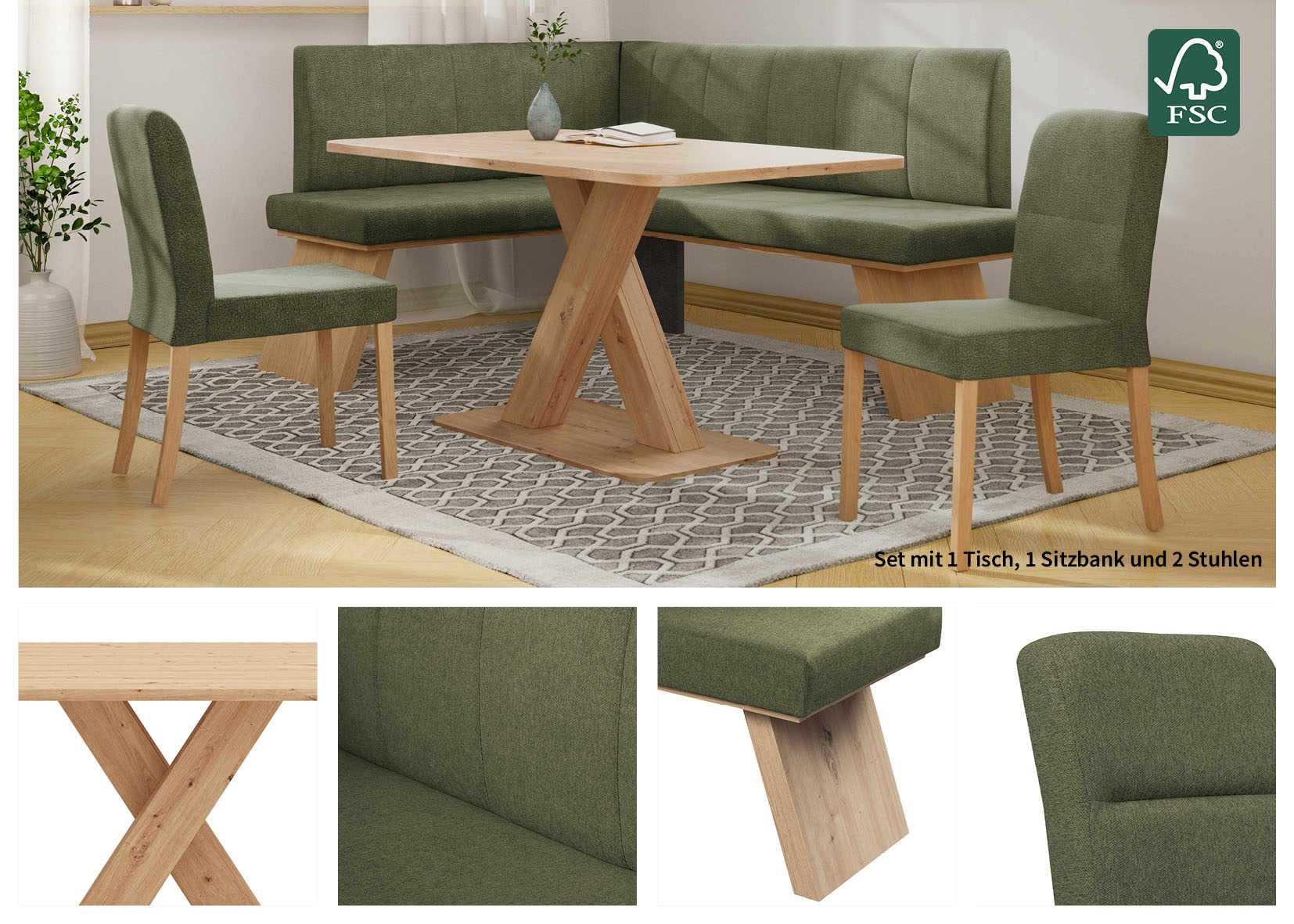 Home affaire Eckbankgruppe »Nina«, (Set, 4 tlg., 4er), Sitzgruppe Esszimmer Stühle Tisch und Bank bequem gepolstert