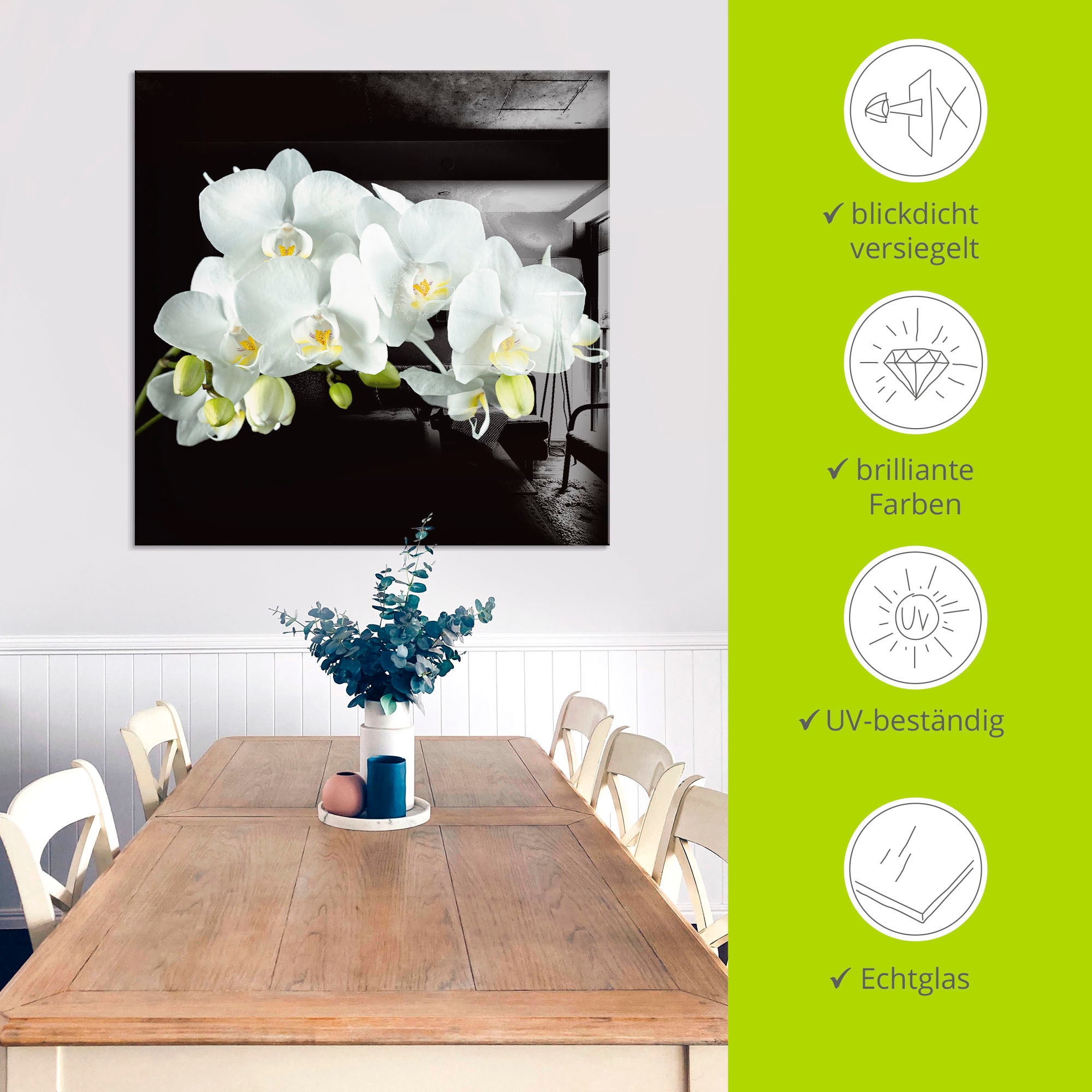 Artland Glasbild »Weisse Orchidee auf schwarzem Hintergrund«, Blumen, (1 St.), in verschiedenen Grössen