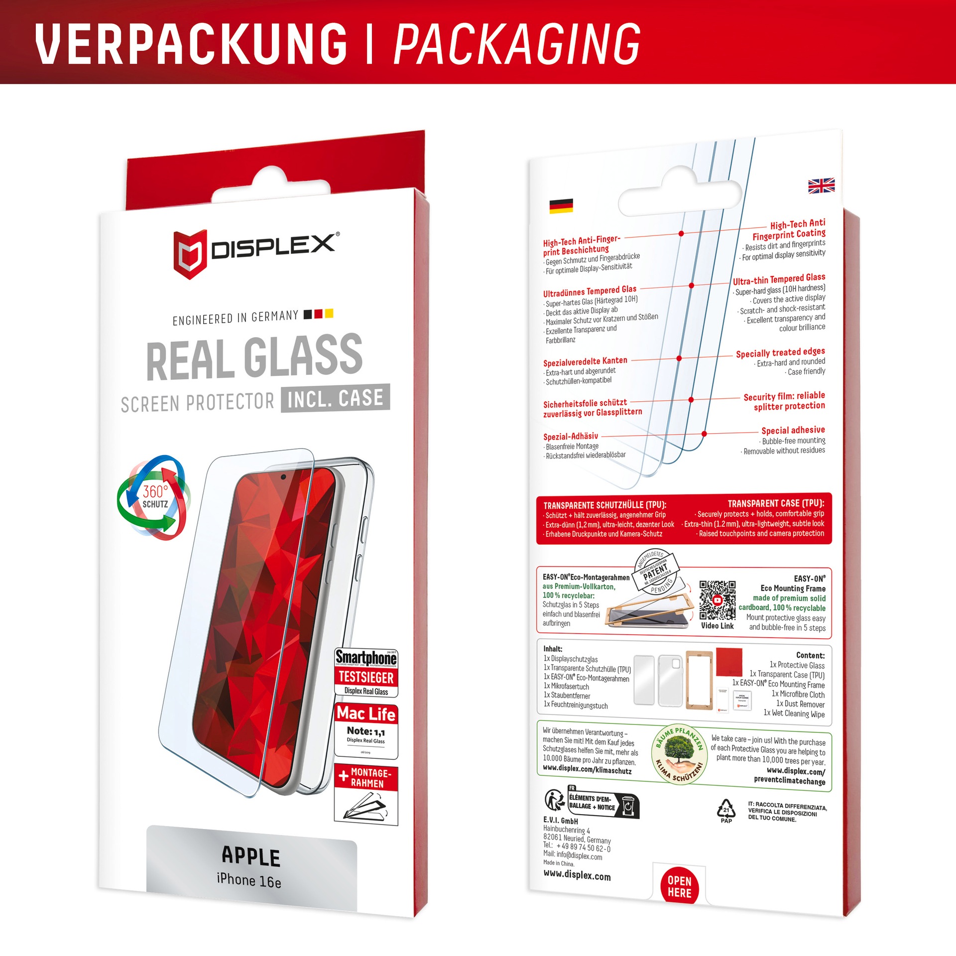 Displex Displayschutzglas »Real Glass Screen Protector inkl. Case«, für Apple iPhone 16e, Displayschutzfolie, Schutzfolie, Bildschirmschutz, kratz- & stossfest
