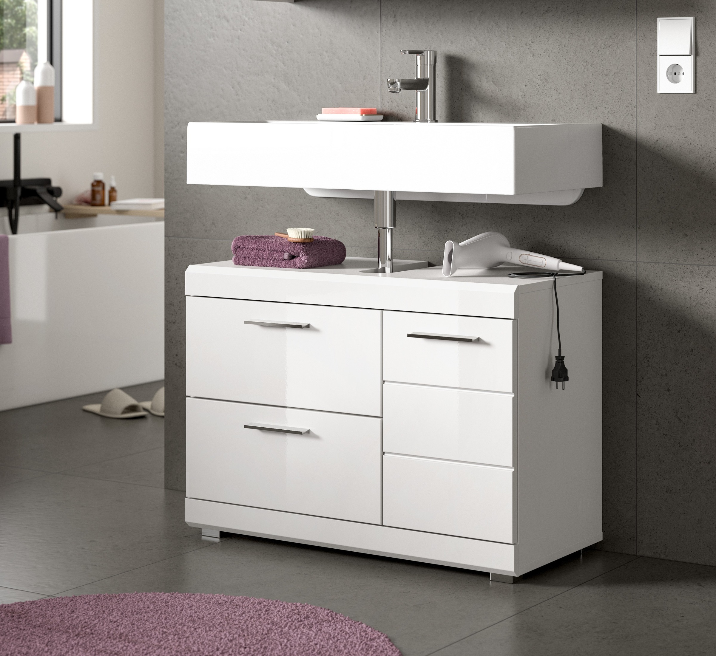 welltime Waschbeckenunterschrank "SIENA, Breite 80cm, 1 Tür, 1 Schubkasten, 1 Klappe, 2 Fächer,MDF-Front" WBU, Badmöbel, Badschrank, Kommode, Unterschrank, Bad, Badezimmer
