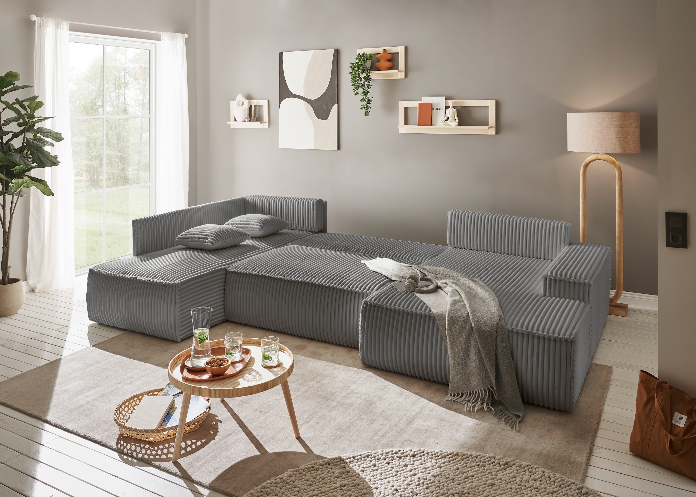 andas Wohnlandschaft »FINNLEY U-Form XXL 329 cm, Schlafsofa, Schlaffunktion m. Bettkasten«, (194/139 cm), Bouclé, Struktur und Cord