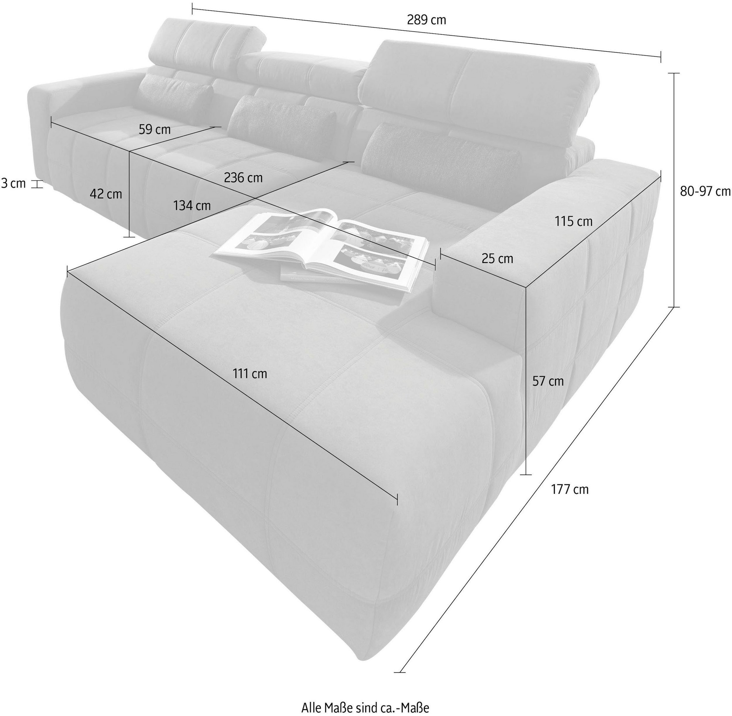 DOMO collection Ecksofa »Brandon B/T/H: 289/177/80 cm, whlw. mit Sitztiefenverstellung, L-Form«, ohne Sitztiefenverstellung, Cord, grau