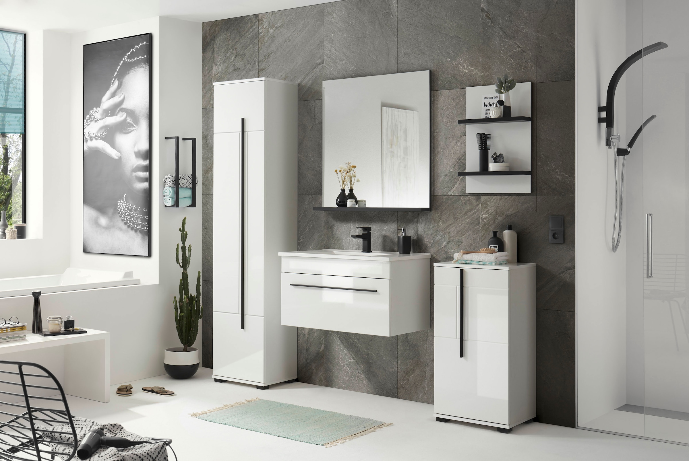 INOSIGN Unterschrank »Cantara, Badschrank in Hochglanz Weiss, Schrank im modernen Design«, mit schwarzen Griffen, ausreichend Stauraum