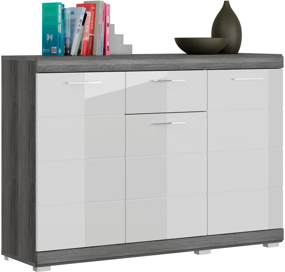 INOSIGN Kommode »SIENA, Breite 120 cm, 3 Türen, 1 Schubkasten, 5 Einlegeböden, 8 Fächer« hochwertige Rillenfräsung in MDF Front, Schuhkommode, Schuhschrank, Anrichte, Sideboard