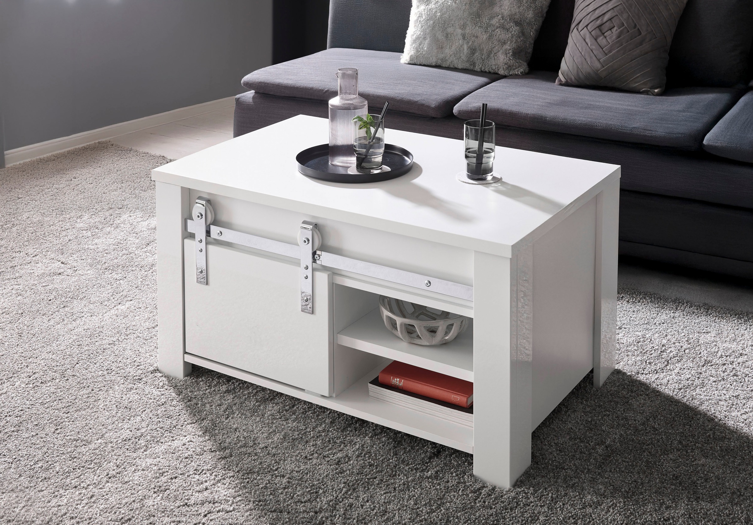 Home affaire Couchtisch "Daytona, Beistelltisch, Wohnzimmertisch, Sofatisch, Tisch" mit Schiebetürenbeschlag in Chrom-Optik, mit Fächern und Ablageböden