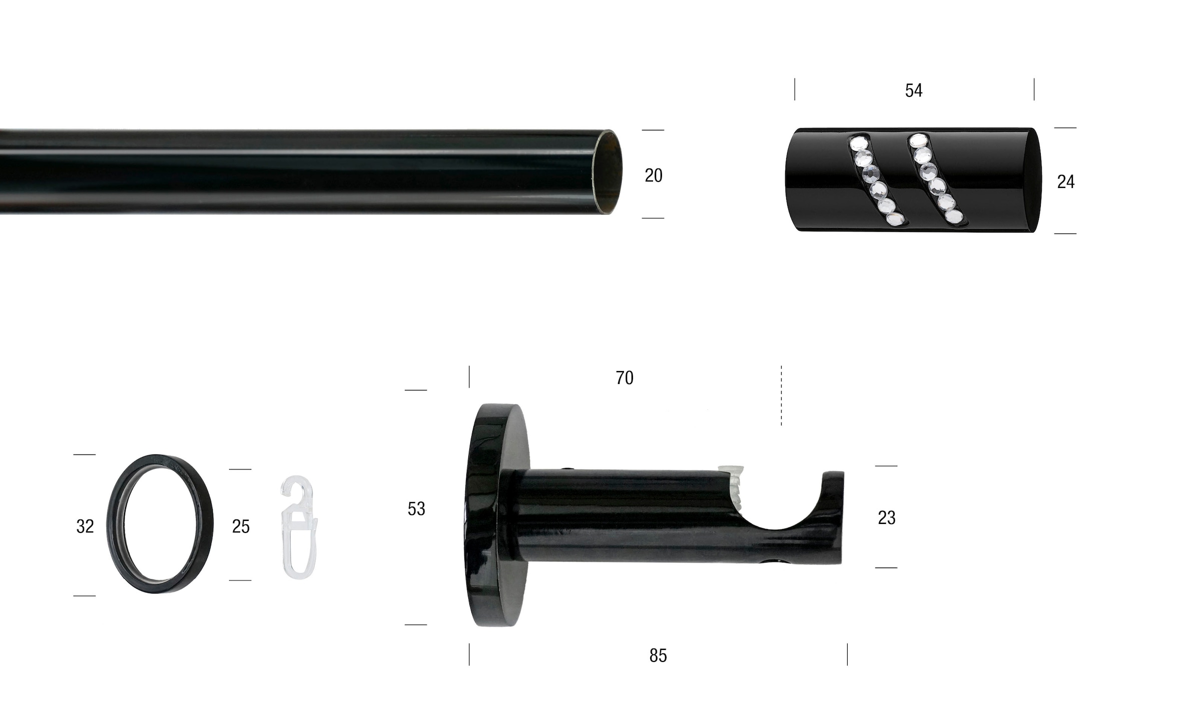 GARESA Gardinenstange "BLACK" Ø 20 mm 1 läufig-läufig Wunschmasslänge Vorhanggarnitur, verlängerbar, Endknopf mit Glitzersteinen