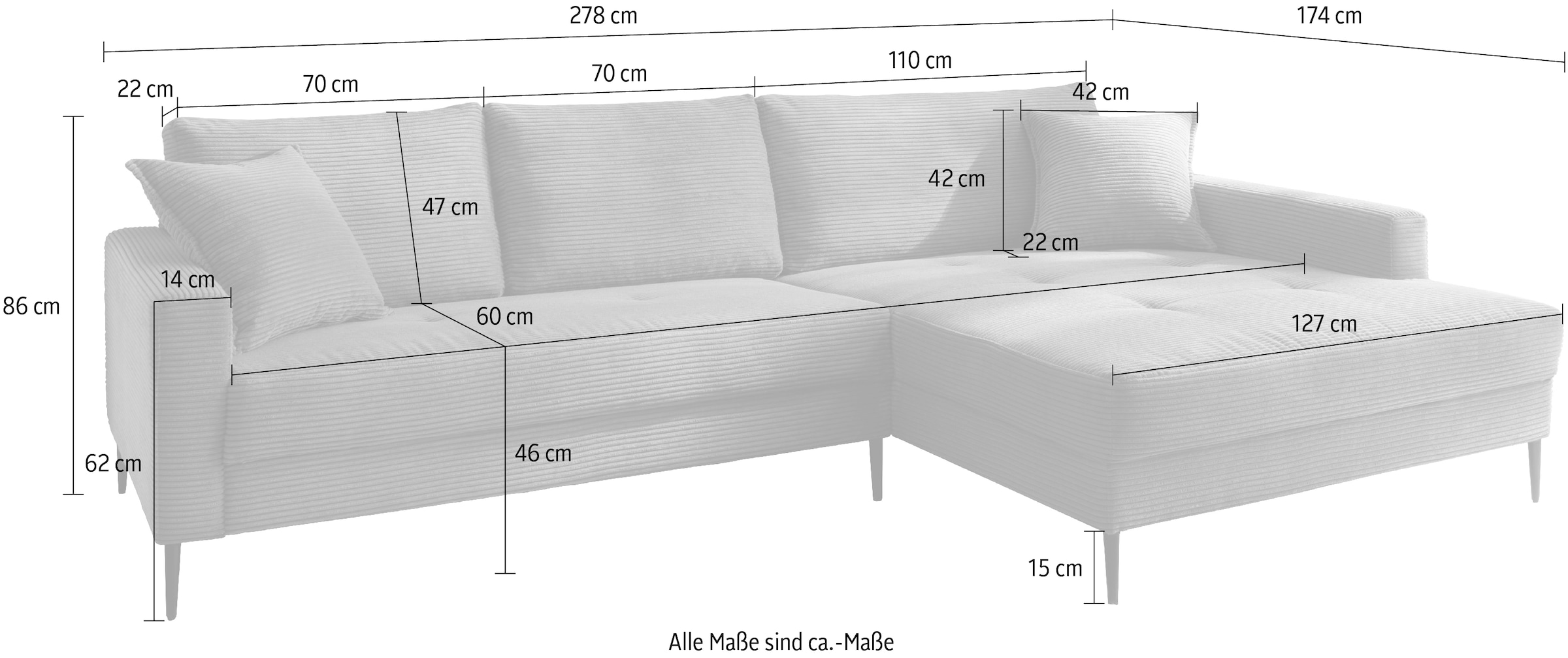 Trends by HG Ecksofa »Summer L-Form«, in Cord-Stoff mit Metallfuss