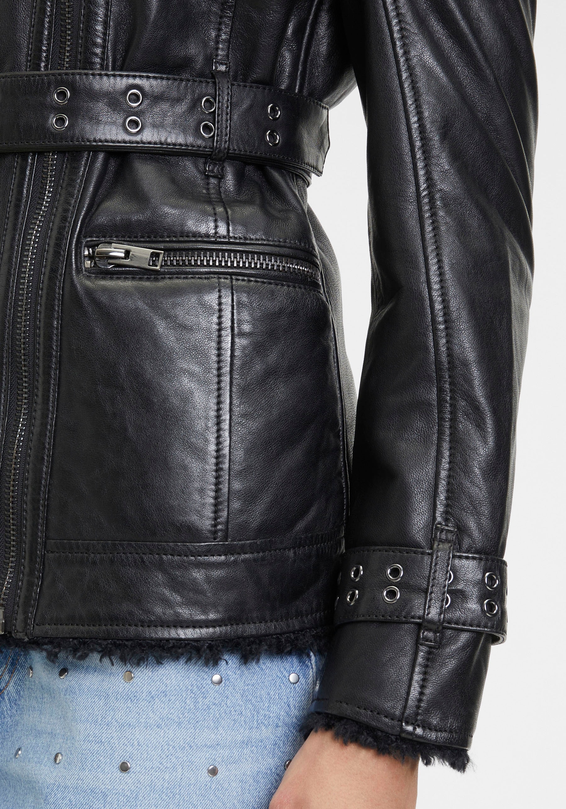 Mauritius Lederjacke »G2WDeba SF«, mit Fellimitat, Gürtel, asymetrischer Reissverschluss