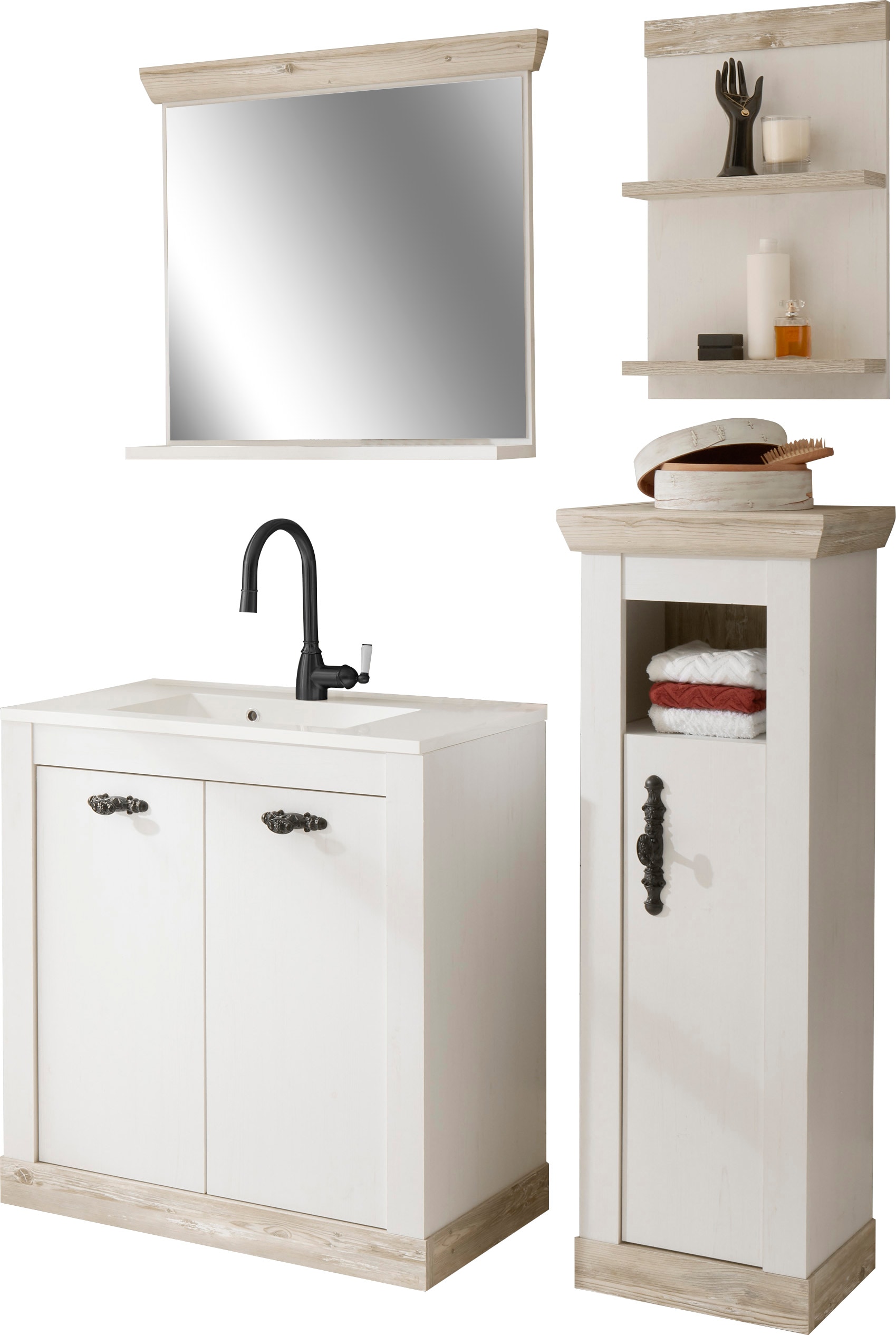 Home affaire Badmöbel-Set »Florenz, Bad im Landhausstil, 4-teiliges Badezimmer«, (4 St.), Waschtisch, Schrank, Wandregal und Spiegel, in Pinie Weiss, Stauraum