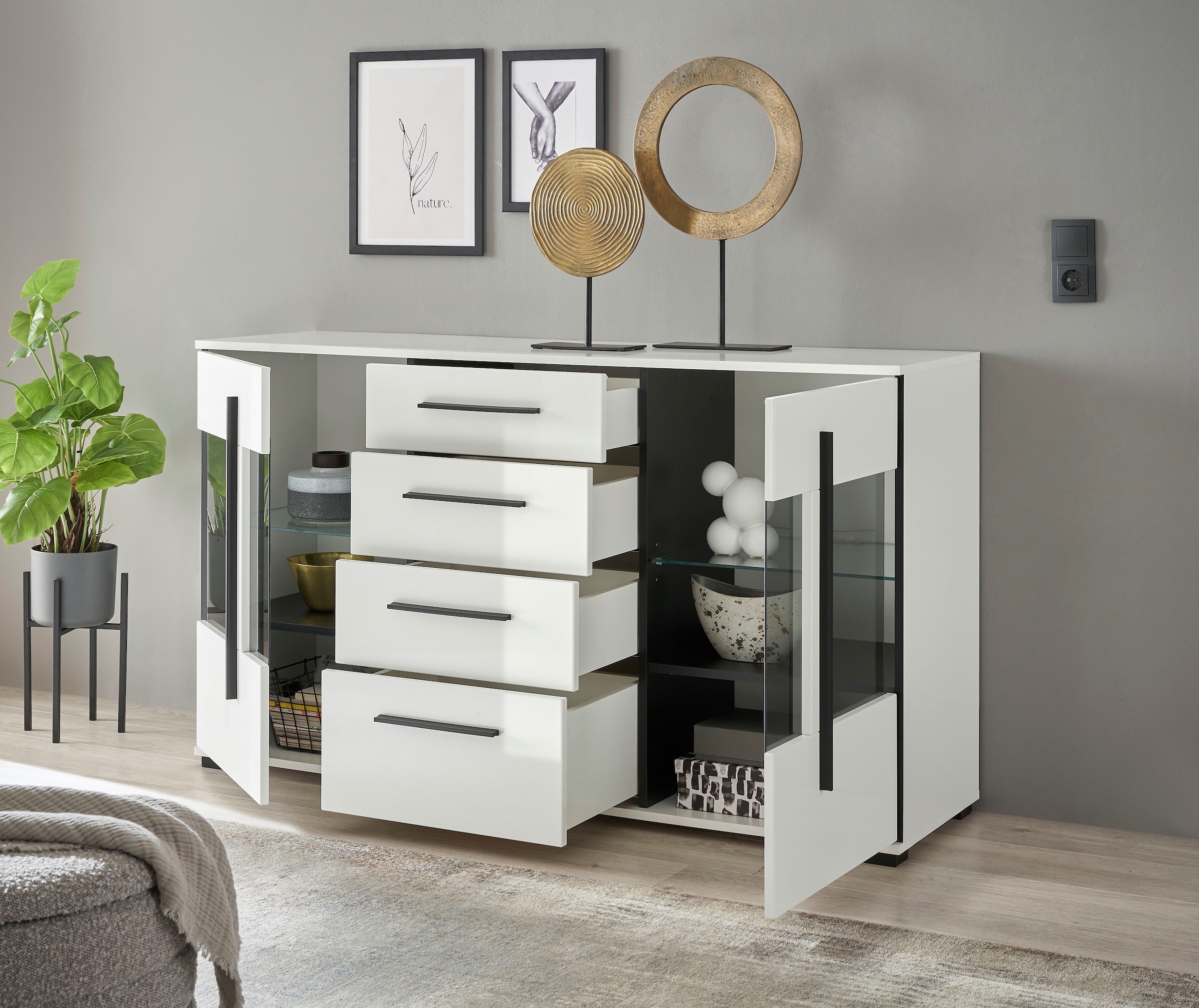 INOSIGN Sideboard »Cantara, moderner Schrank, Kommode in Eiche Evoke oder weiss«, schwarze Stangengriffe, ausreichend Stauraum, vielseitig einsetzbar