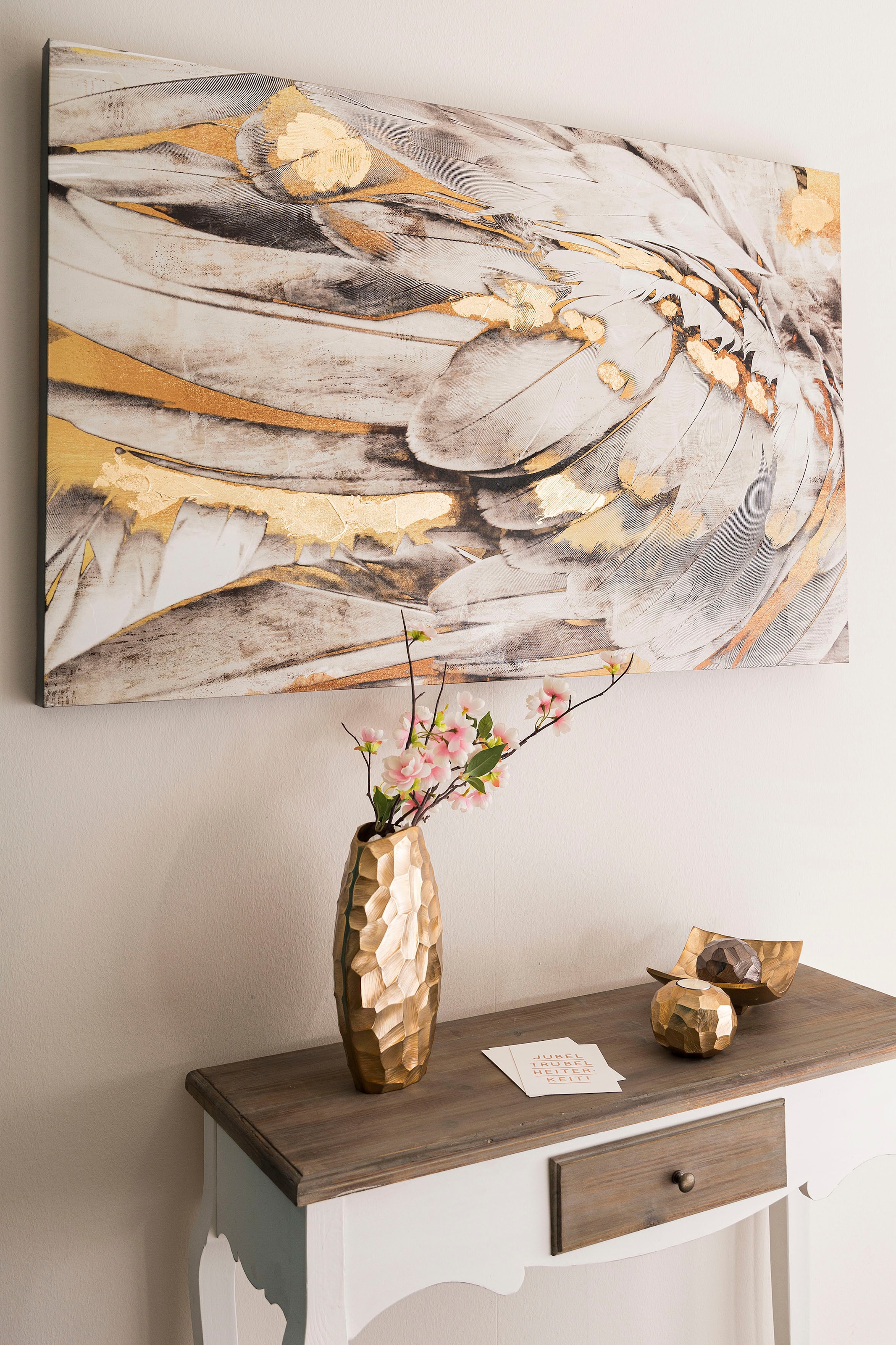 Accessoires Ölbild Bild Federn, Leinwand, »Gemälde Jelmoli-Versand Möbel weiss/goldfarben«, kaufen | & Myflair 80x120 auf Wohnzimmer cm, online