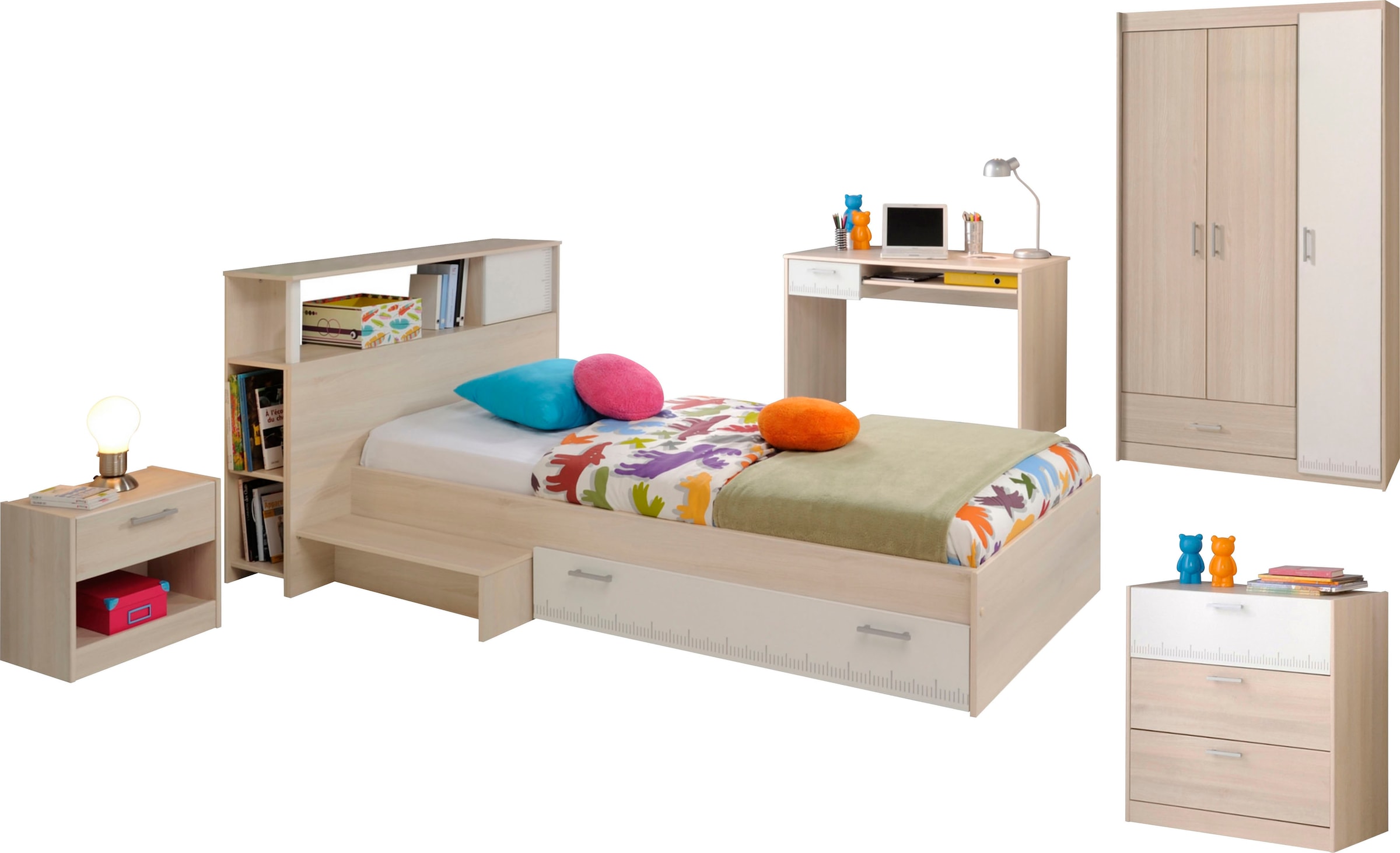 Parisot Jugendzimmer-Set »Charly«, (6 tlg., Bett, Anstellregal, Nachttisch, Kleiderschrank, Schreibtisch etc.)