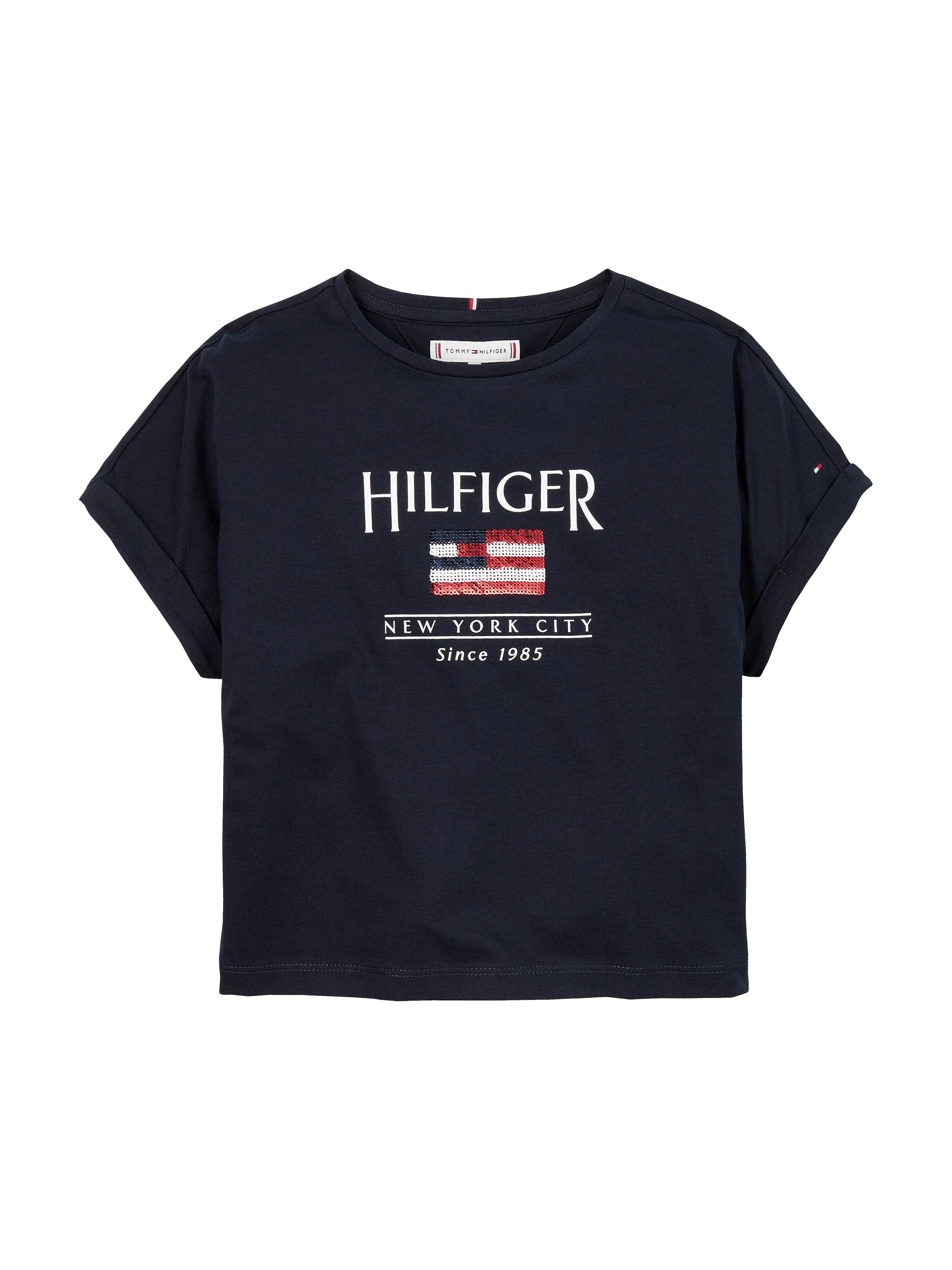 Tommy Hilfiger Kurzarmshirt »HILFIGER SEQUINS FLAG TEE SS«, mit Pailetten, mit Logodruck