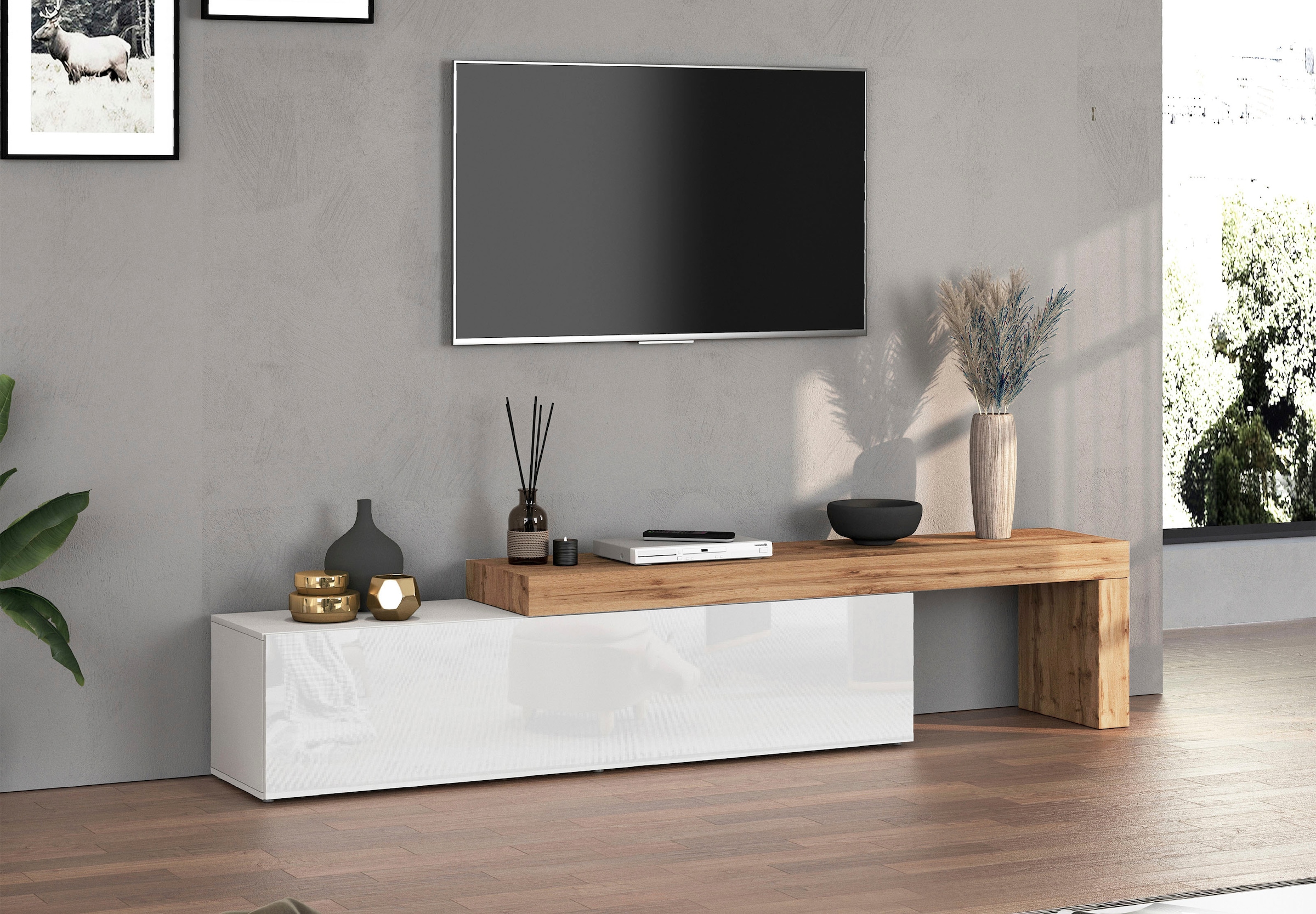 INOSIGN Lowboard »Chronos TV-Board, TV-Schrank«, (1 St., Breite verstellbar von 190 bis 350 cm), Breite 270 cm TV-Board,Lowboard,1 Klappe und ein L-Förmiger Aufsatz