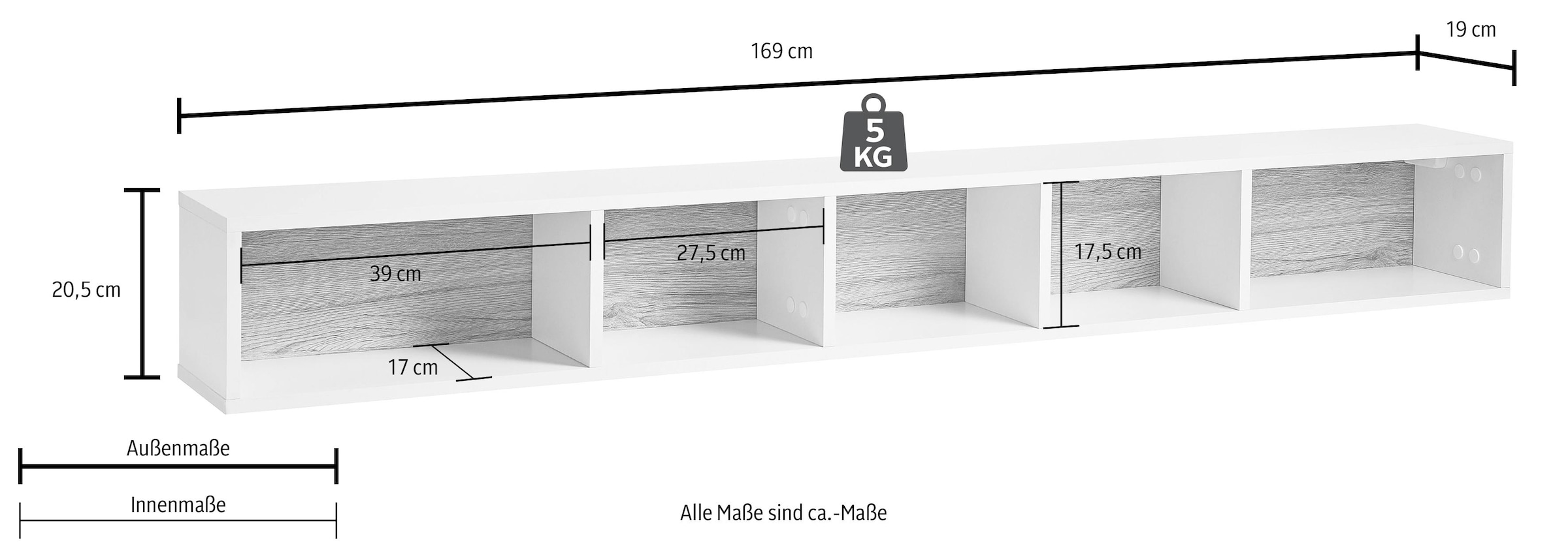 INOSIGN Hängeregal »Toledo,Breite 169 cm stilvolle Deko-Wandregal«, Wandregal mit 5 Fächern, viel Stauraum, Masse 169/20,5/19 (B/H/T)