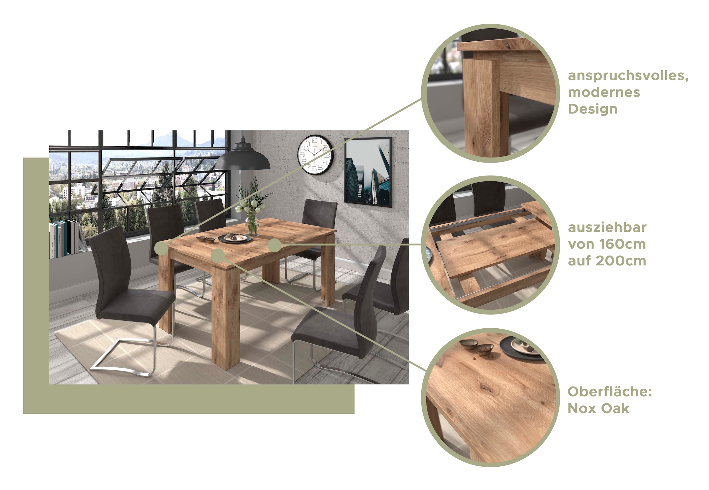 INOSIGN Esstisch »Kalmar, rechteckig, 160 cm ausziehbar auf 200 cm, inkl. Einlegeplatte«, Esszimmertisch, Tisch, Küchentisch, dining table