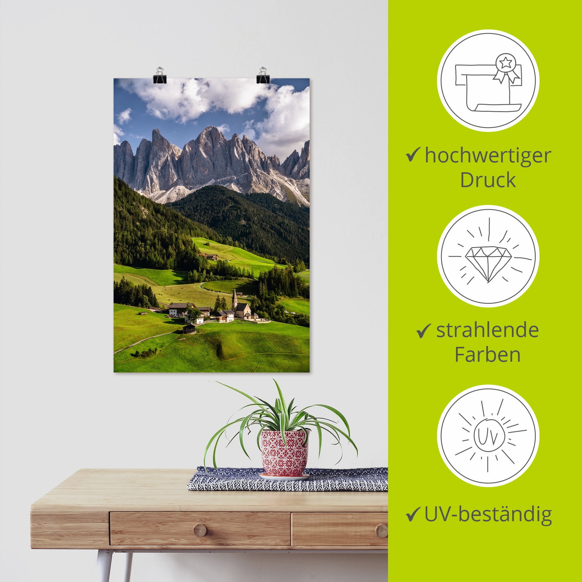 Artland Poster »Sommer in Südtirol in den Dolomiten«, Berge & Alpenbilder, (1 St.), als Alubild, Leinwandbild, Wandaufkleber oder Poster in versch. Grössen