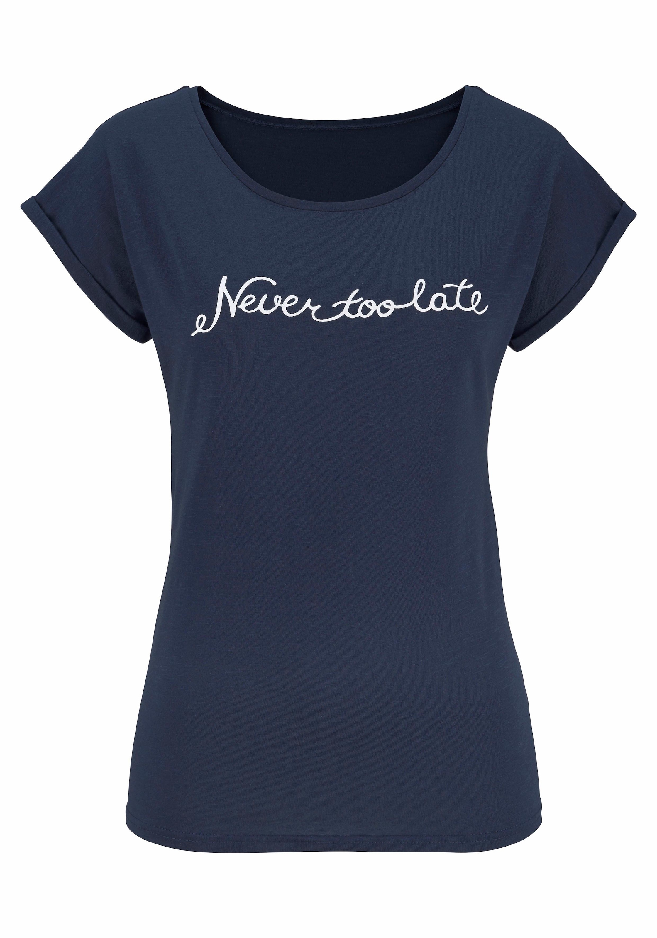 Beachtime T-Shirt, mit modischem Sprüche Frontdruck "Never too late"