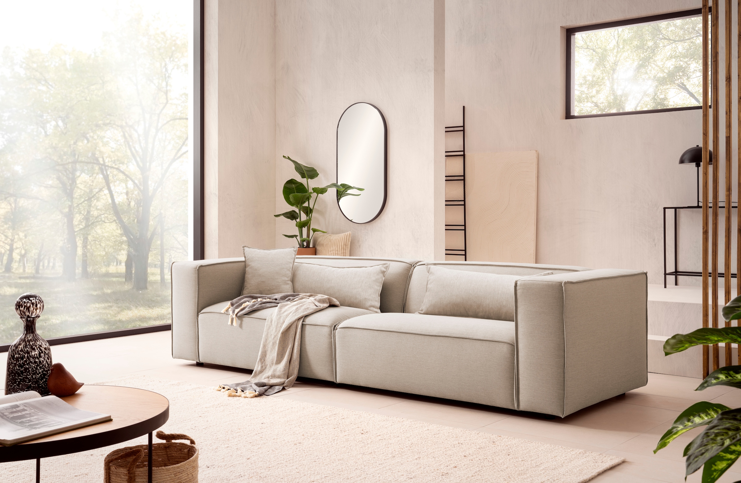 LeGer Home by Lena Gercke 3-Sitzer »PIARA, Couch mit Kedernaht, Sofa in Cord oder Leinenoptik«, schwarze Füsse, bequemer Sitzkomfort