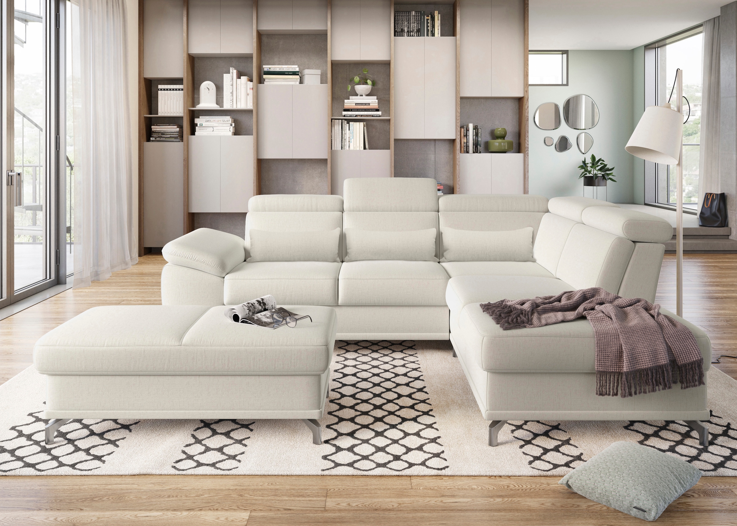 sit&more Ecksofa "Cabrio L-Form, B: 274 cm, mit Sitztiefen-, Arm- & Kopfteilverstellung" 3 Nierenkissen, Federkern, optional Bettfunktion und Stauraum