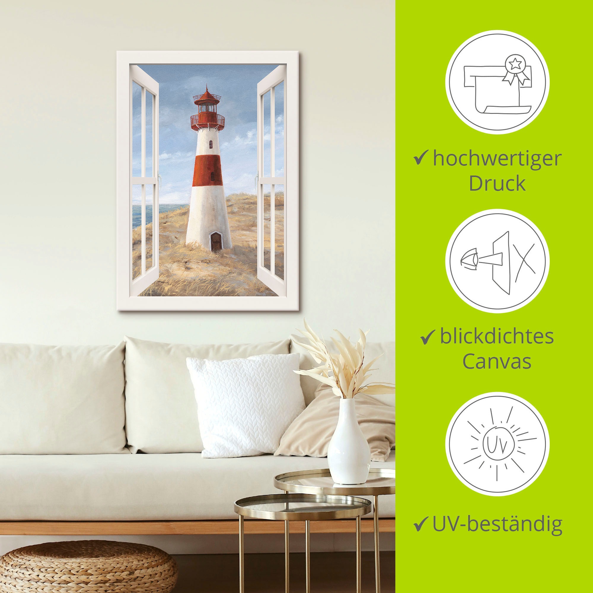 Artland Wandbild »Leuchtturm I Fensterblick«, Gebäude, (1 St.), als Alubild, Outdoorbild, Leinwandbild, Poster in verschied. Grössen