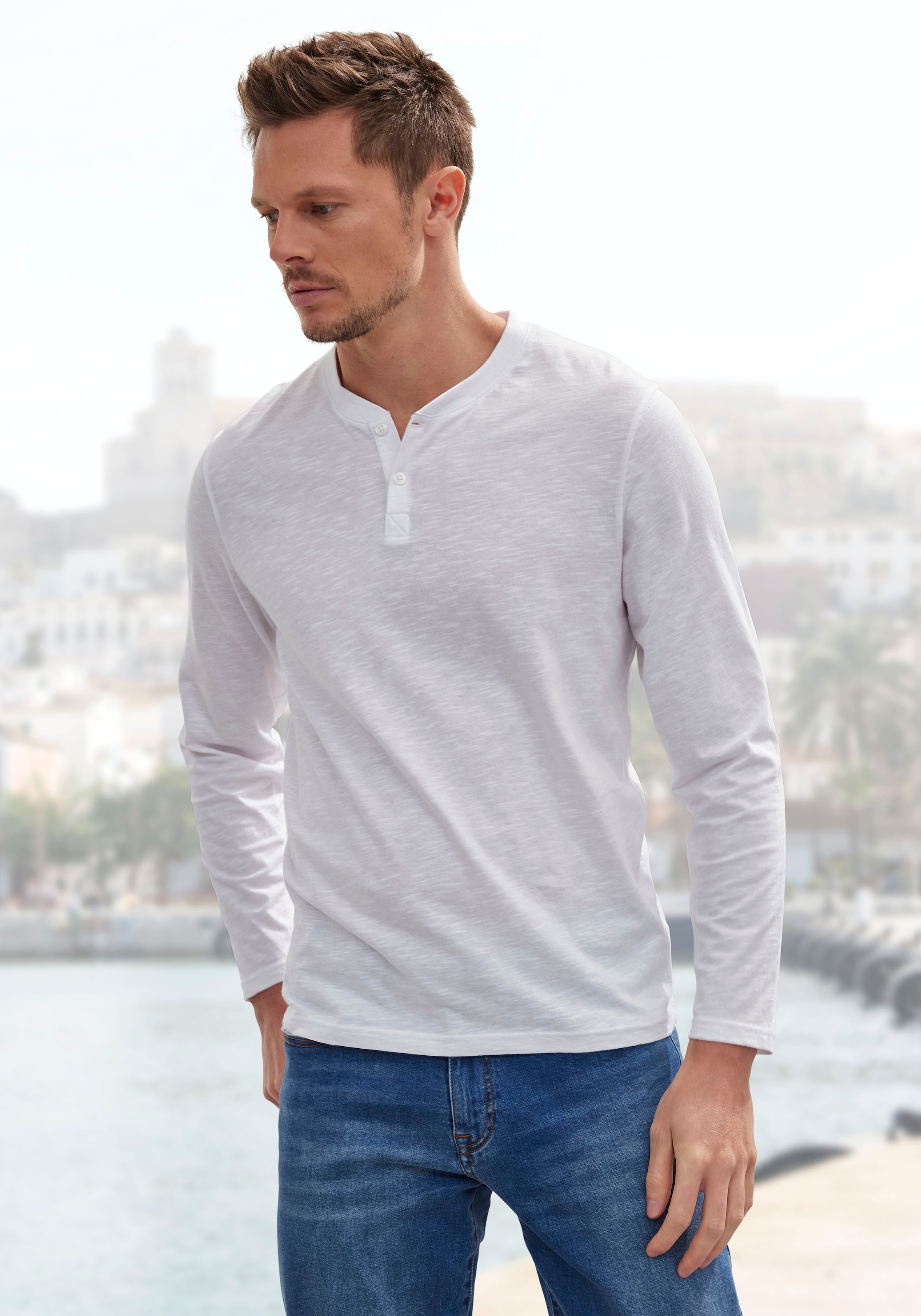 H.I.S Langarmshirt, (Packung, 2 tlg.), Shirt mit Knopfleiste aus aus strukturierter Baumwoll-Qualität